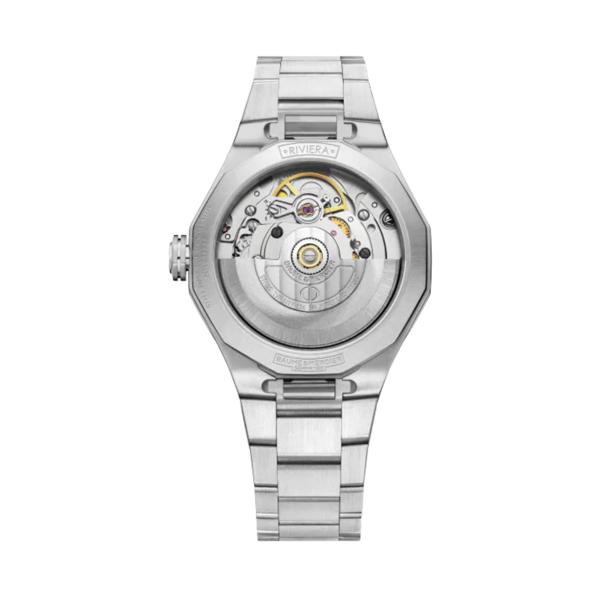 Stainless steel automatic watch case back view with visible movement and bracelet links