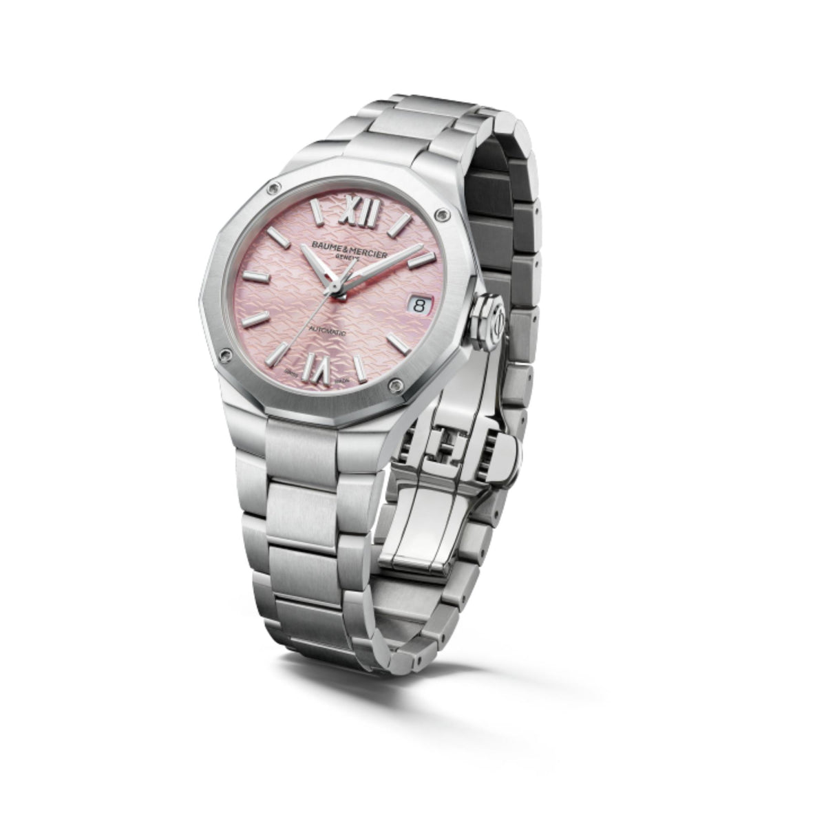 Angled view of ladies automatic watch; stainless steel bracelet and pink textured dial