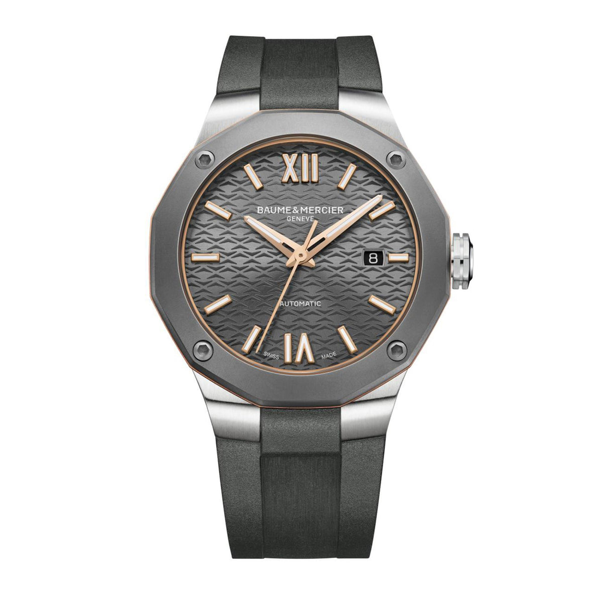 Men's automatic watch front view with grey textured dial, Roman numerals, and black strap
