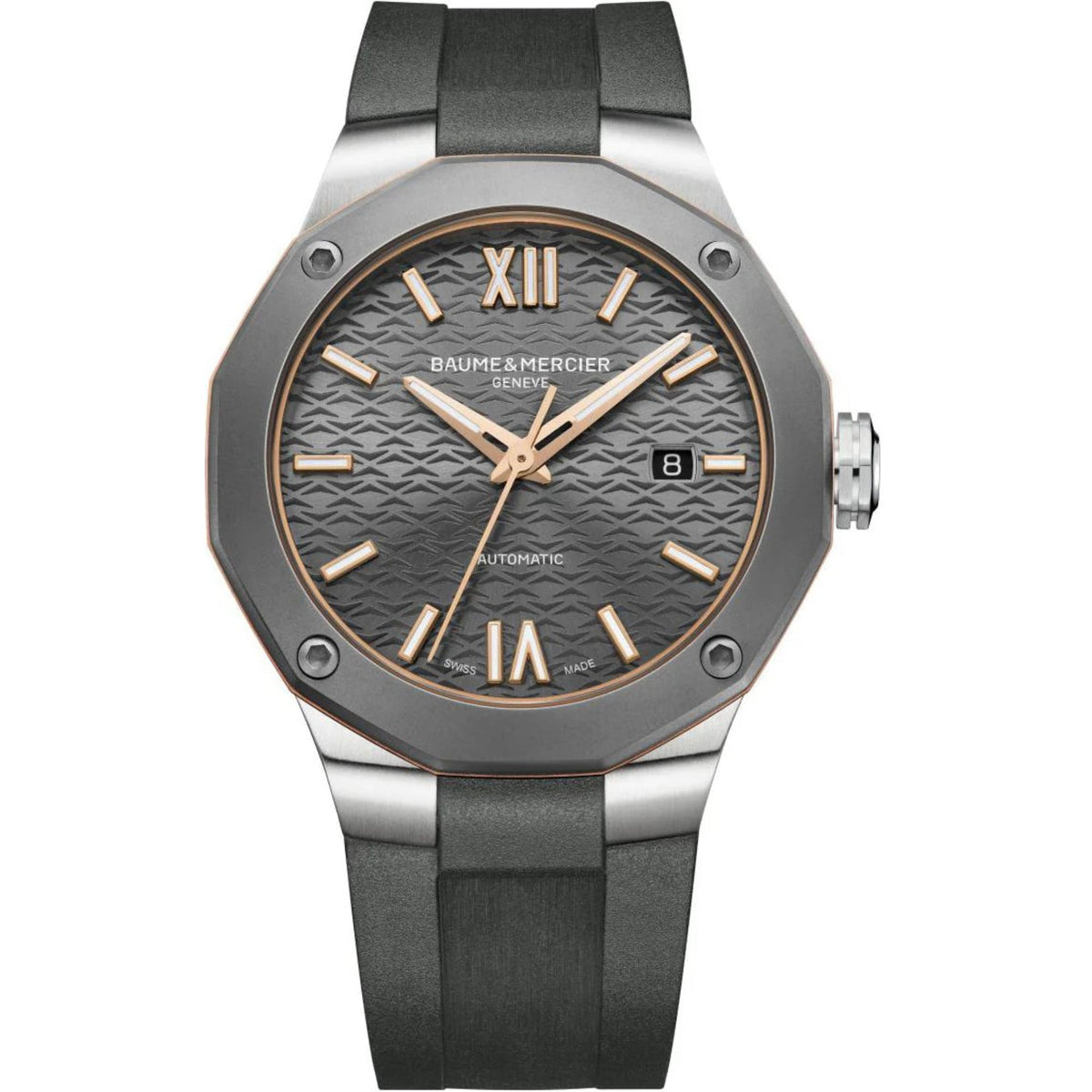 Men's automatic watch front view with grey Roman numeral dial and black rubber strap