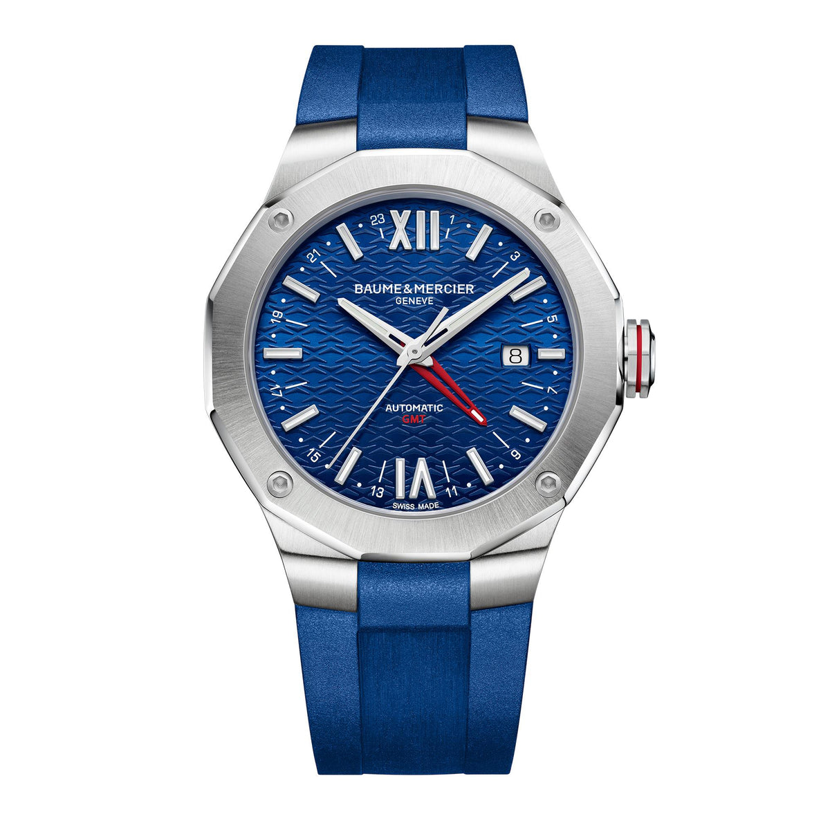 Men's blue GMT automatic watch front view: blue textured dial, steel case, blue rubber strap