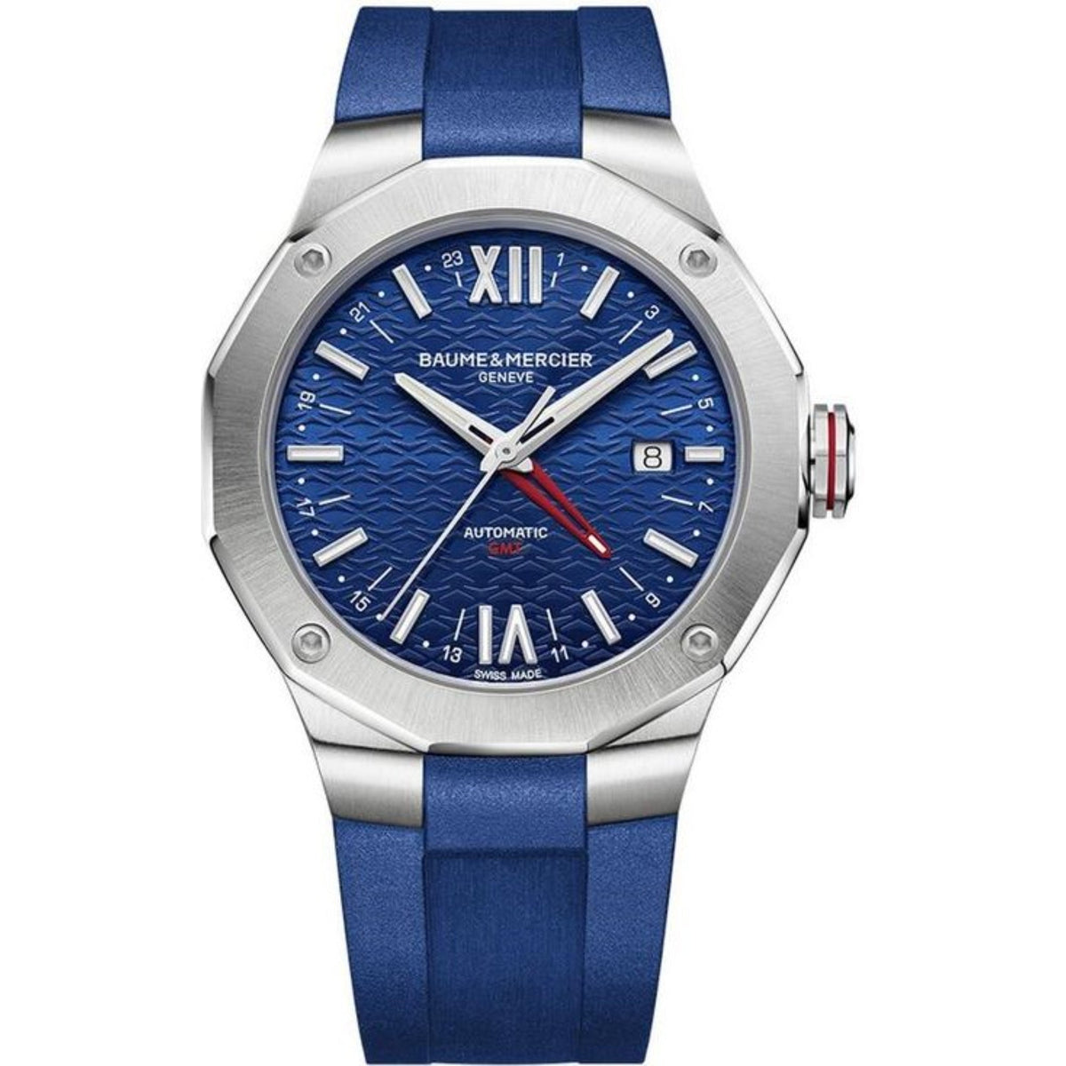 Men's blue GMT automatic watch front: steel case with blue rubber strap and textured blue dial