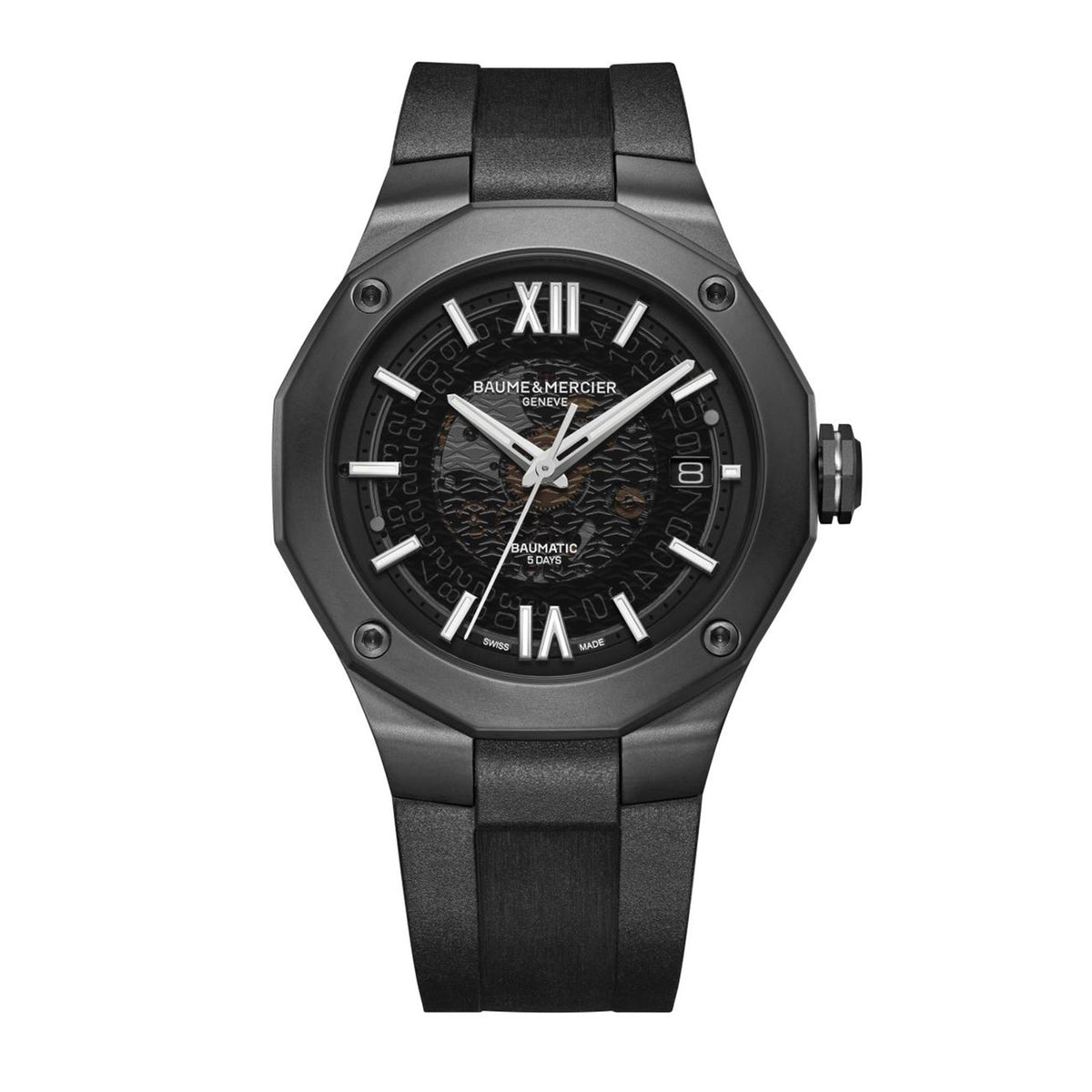 Men's Baume & Mercier automatic watch frontal view, dark dial with Roman numerals