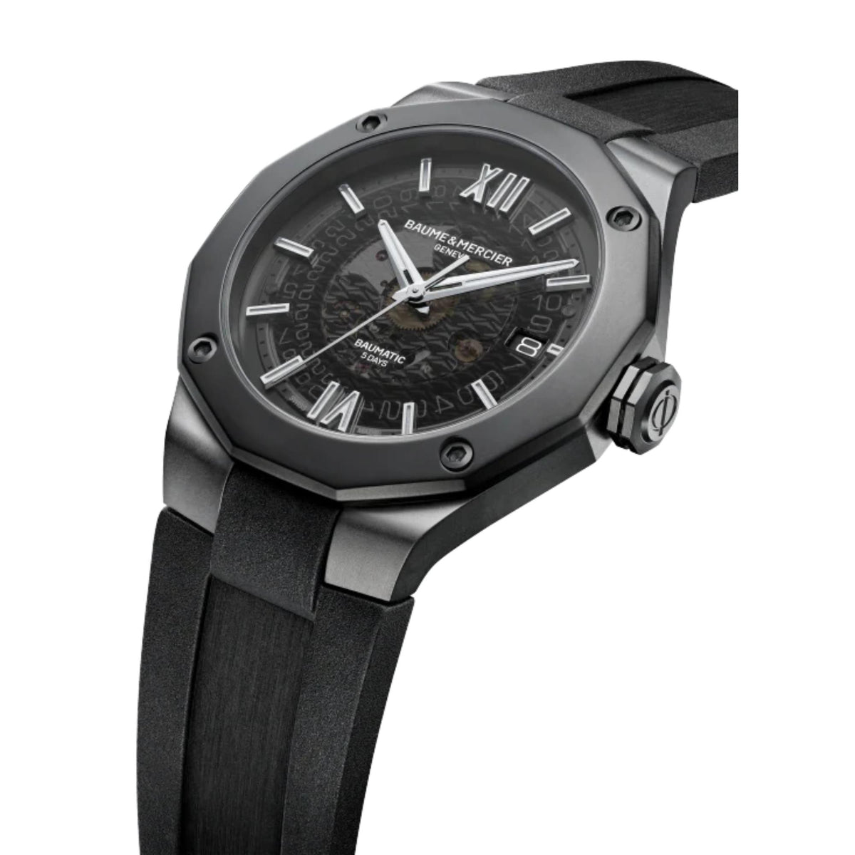 Men's Baume & Mercier automatic watch close-up, dark dial, black rubber strap