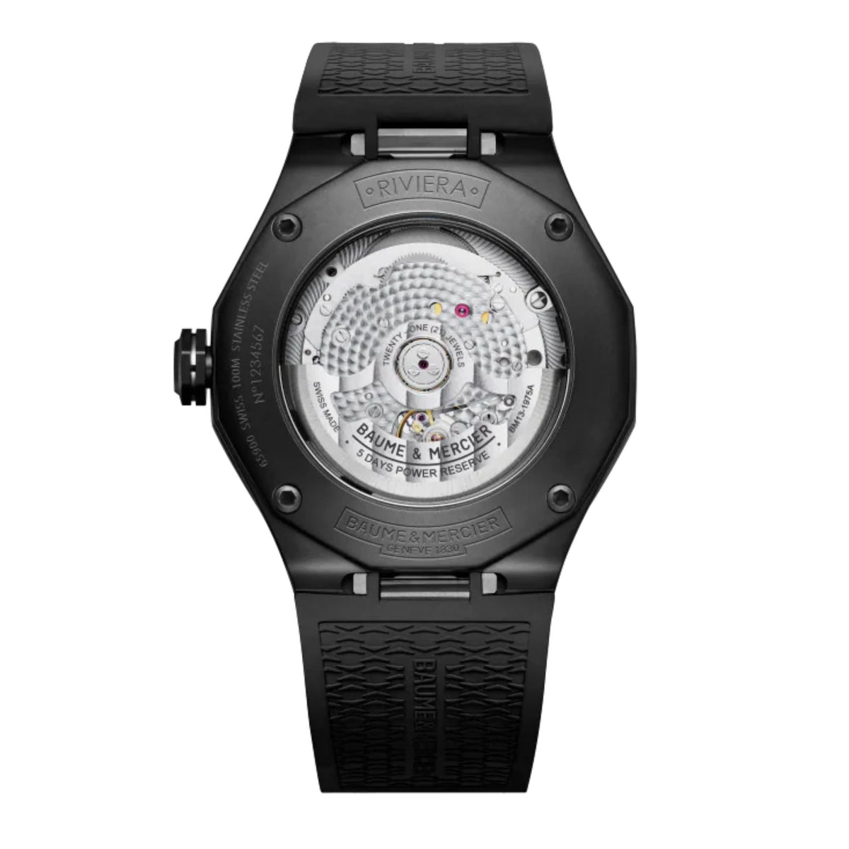 Men's black rubber-strap watch with exposed automatic movement on grey dial
