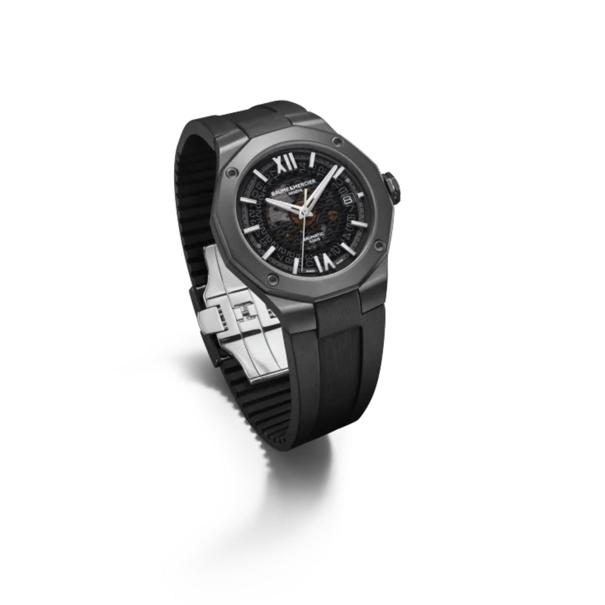 Men's black rubber-strap watch, black dial with Roman numerals and skeleton hands
