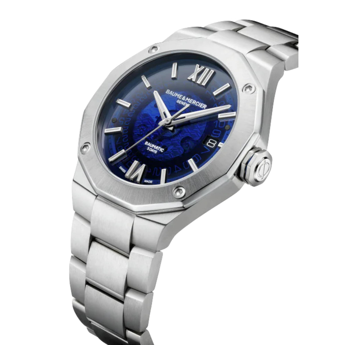 Men's stainless steel watch with blue dial and Roman numeral markers, angled bracelet view.