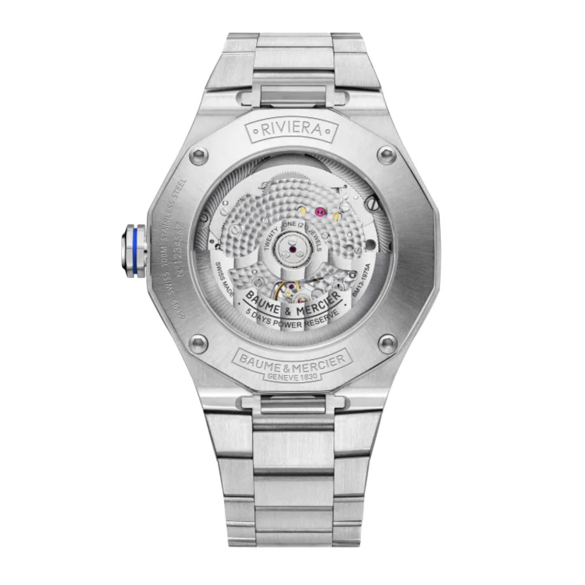 Men's stainless steel watch caseback with “Riviera” text and internal movement details.