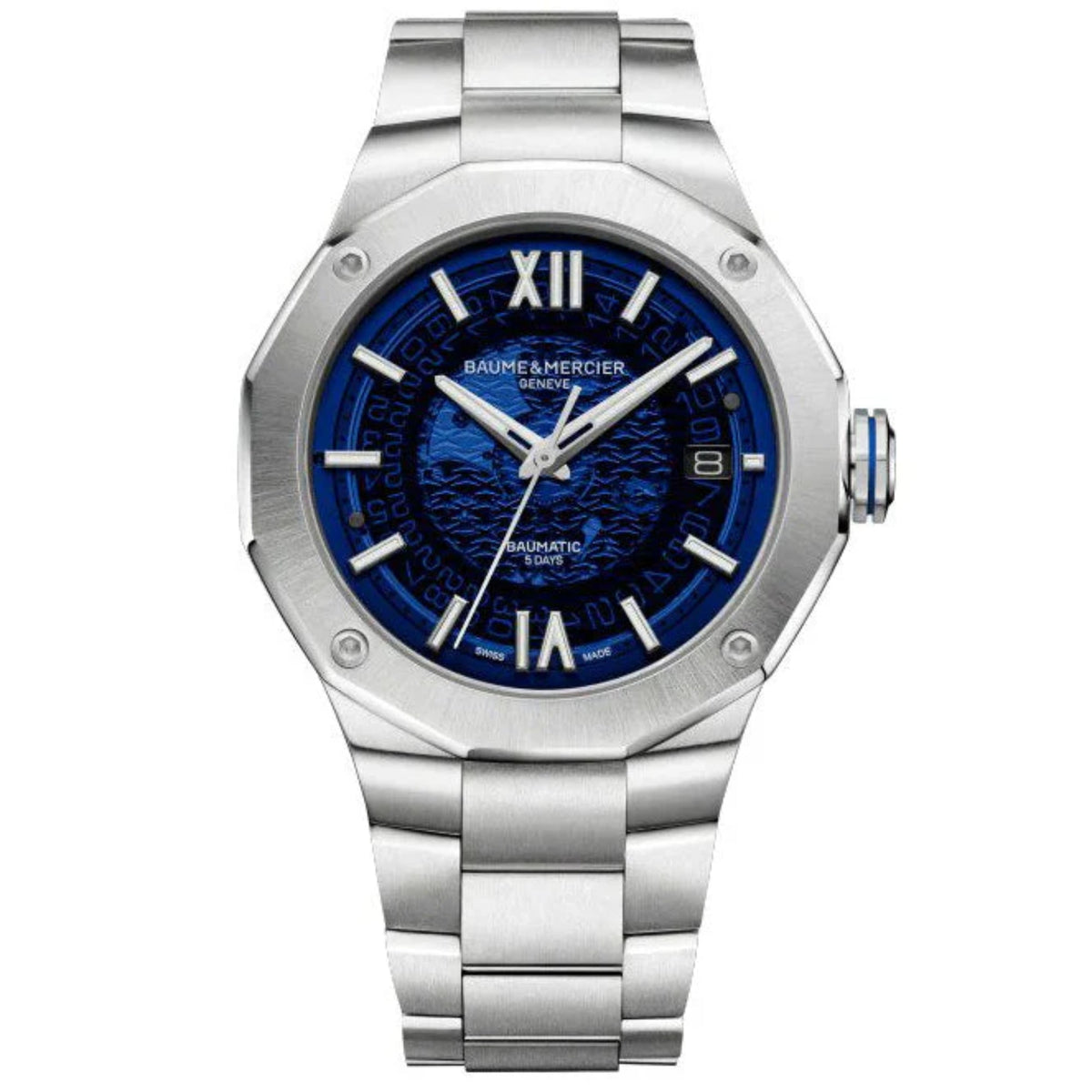 Men's stainless steel watch featuring blue dial, Roman numeral hour markers, bracelet.