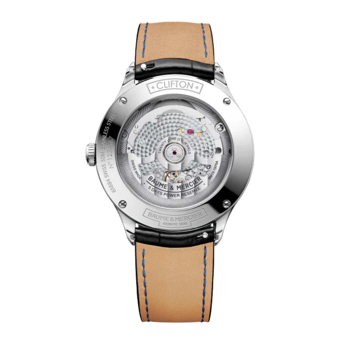 Baume & Mercier Clifton Baumatic watch caseback detail with tan leather strap and screws
