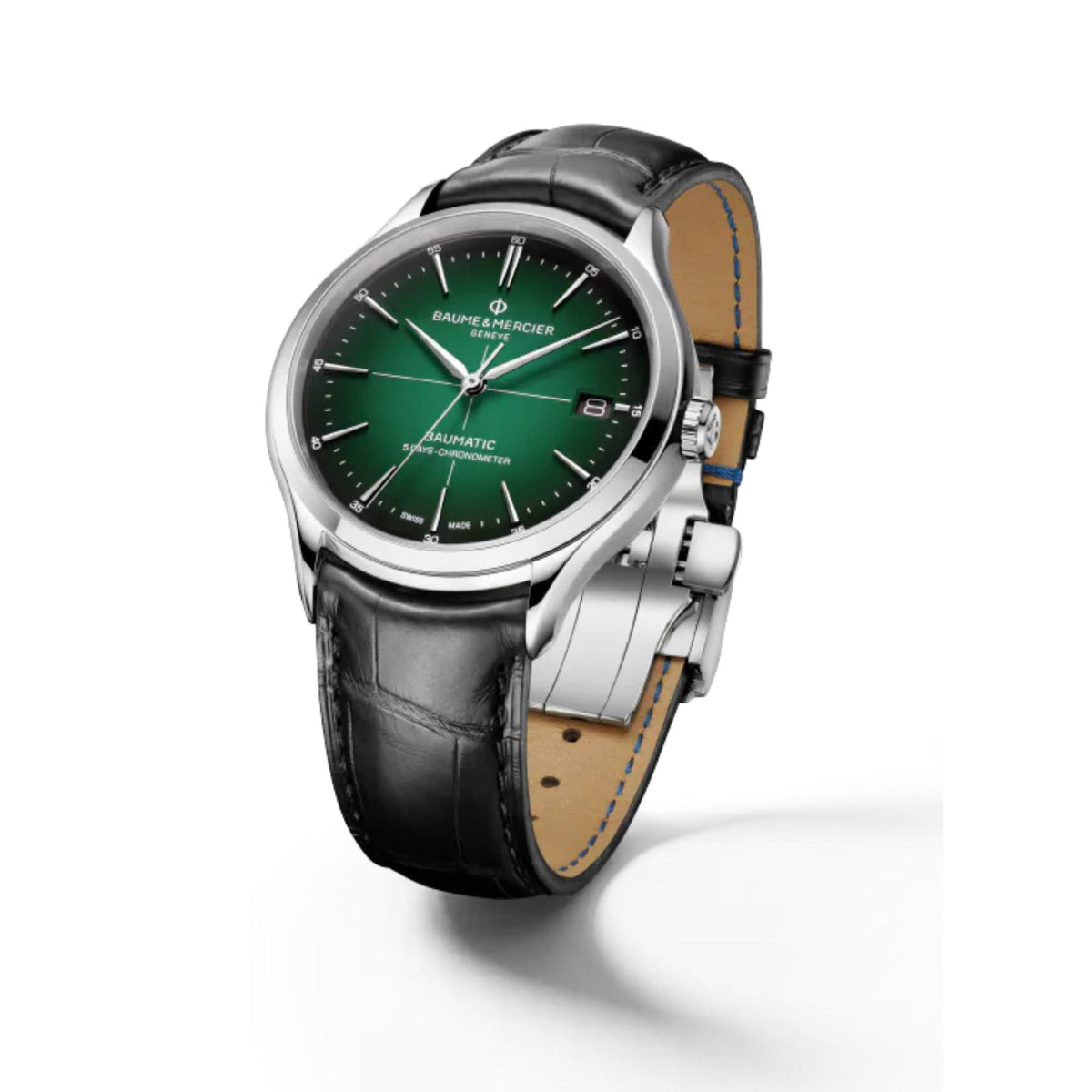 Baume & Mercier Clifton Baumatic watch side view with green dial and black leather strap