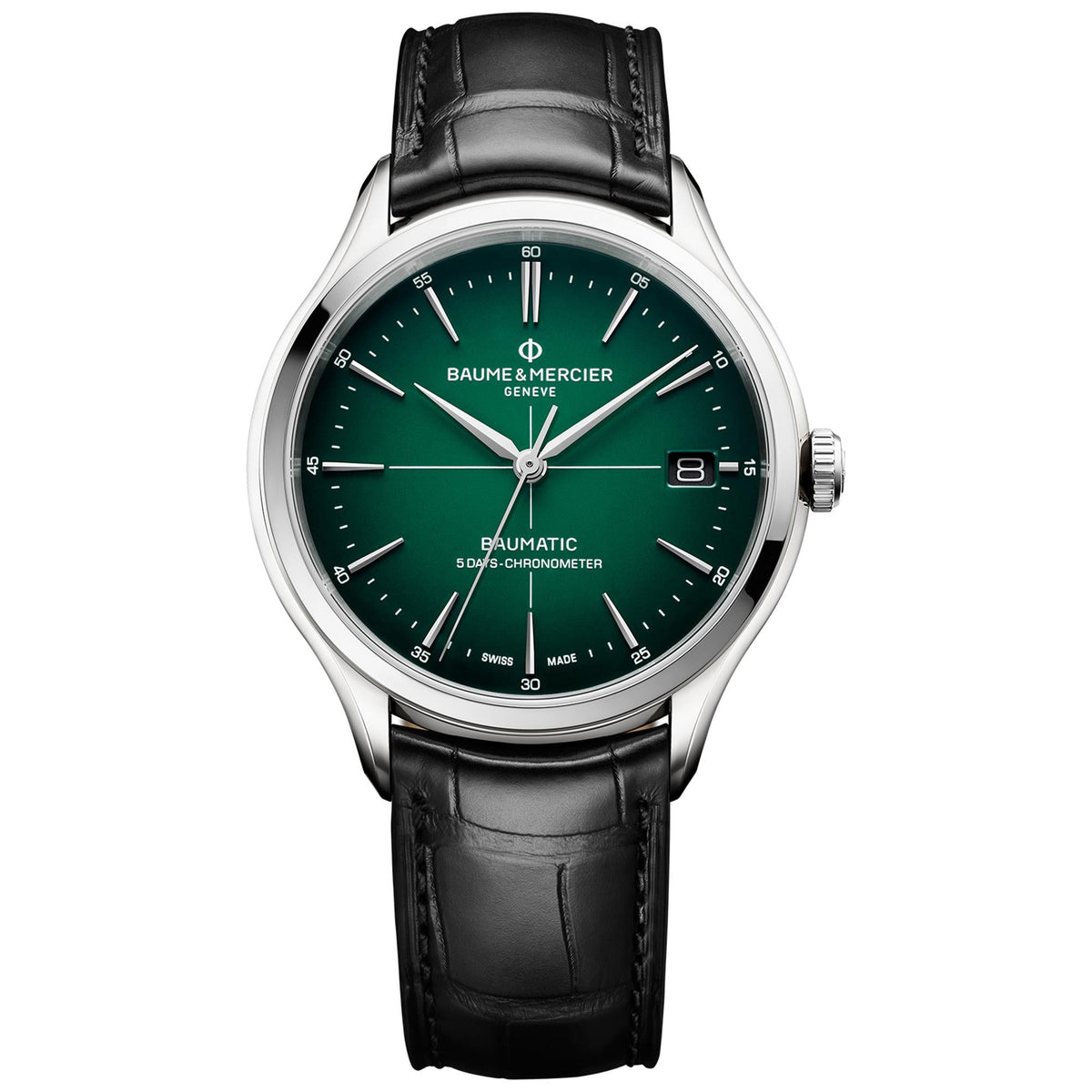Baume & Mercier Clifton Baumatic watch with green dial and black leather strap, wristwatch design