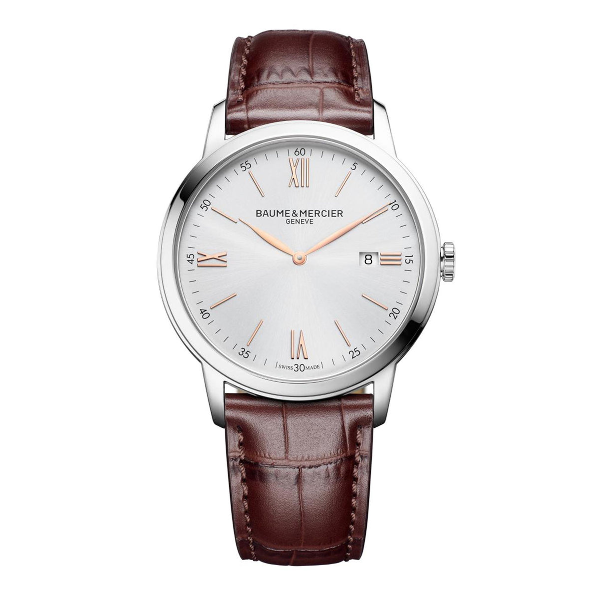 Men's quartz wristwatch with white dial, Roman numerals, brown leather strap and steel case