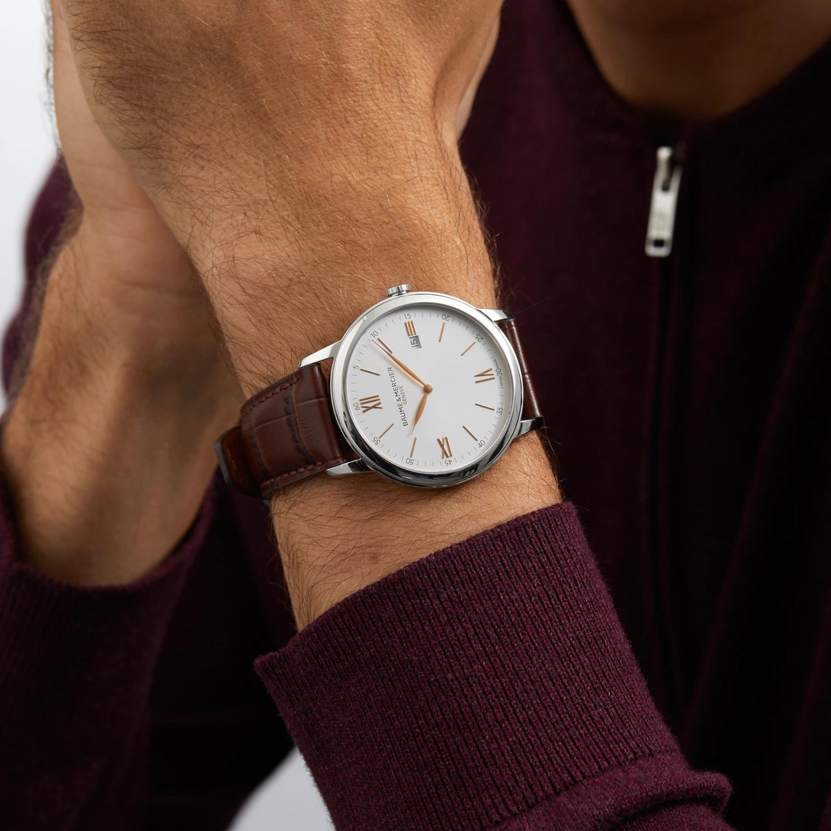 Men's quartz watch with white dial, silver round case, and brown leather strap