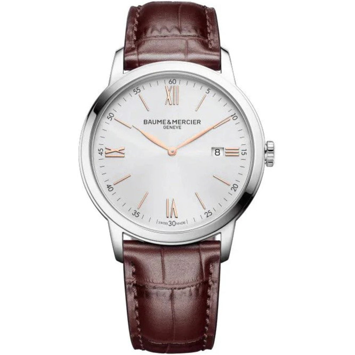 Men's quartz wristwatch with white dial and Roman numerals, brown leather strap