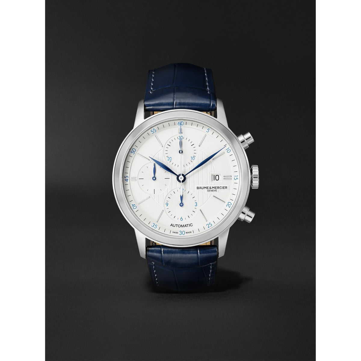 Baume & Mercier Classima automatic chronograph watch with blue leather strap, white dial, silver case