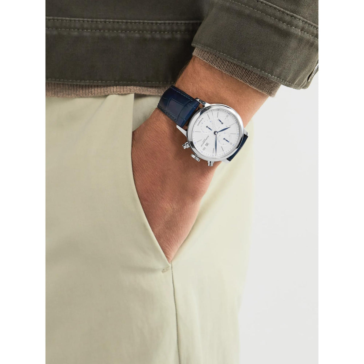 Baume & Mercier men's silver chronograph watch, blue leather strap, light blue dial