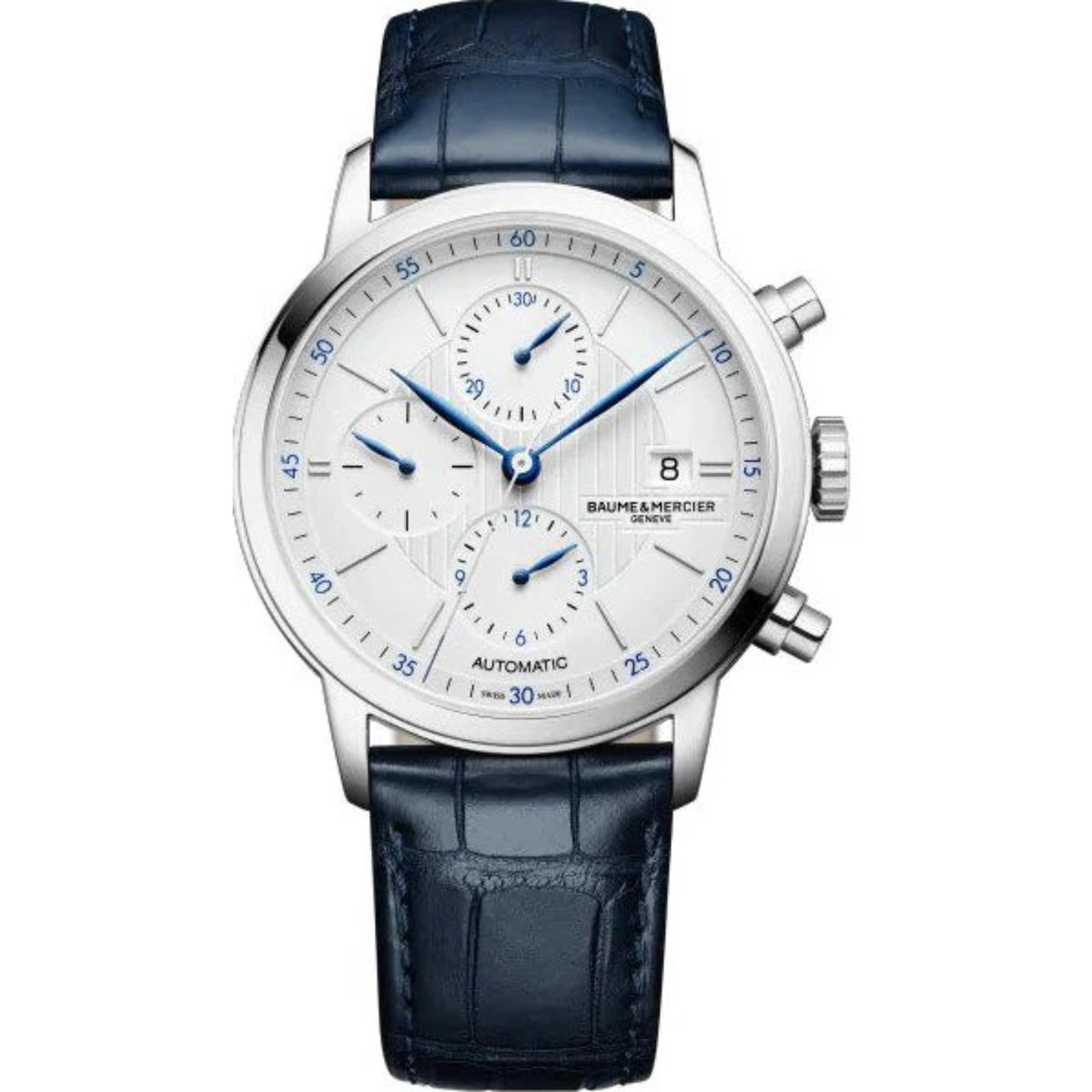 Baume & Mercier Classima automatic chronograph watch with silver bezel, white dial, blue leather strap