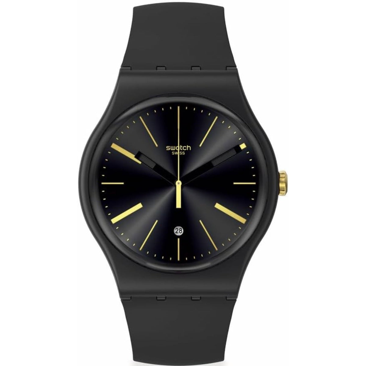 Black silicone strap watch with dark dial and gold accents; central gold seconds hand