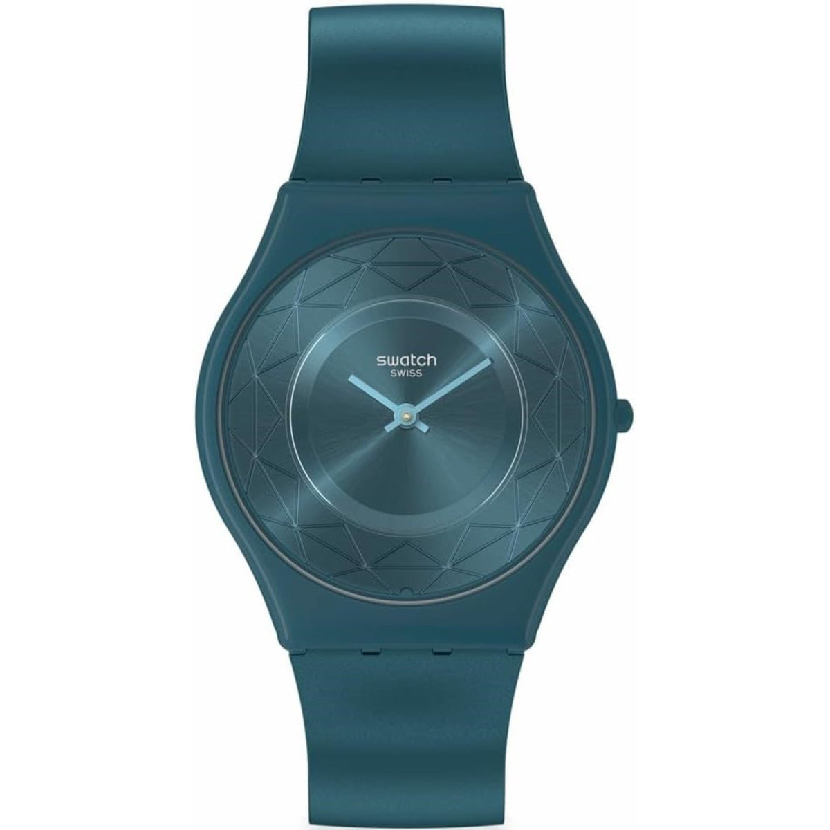 Unisex teal silicone strap watch with dark teal round dial and geometric pattern