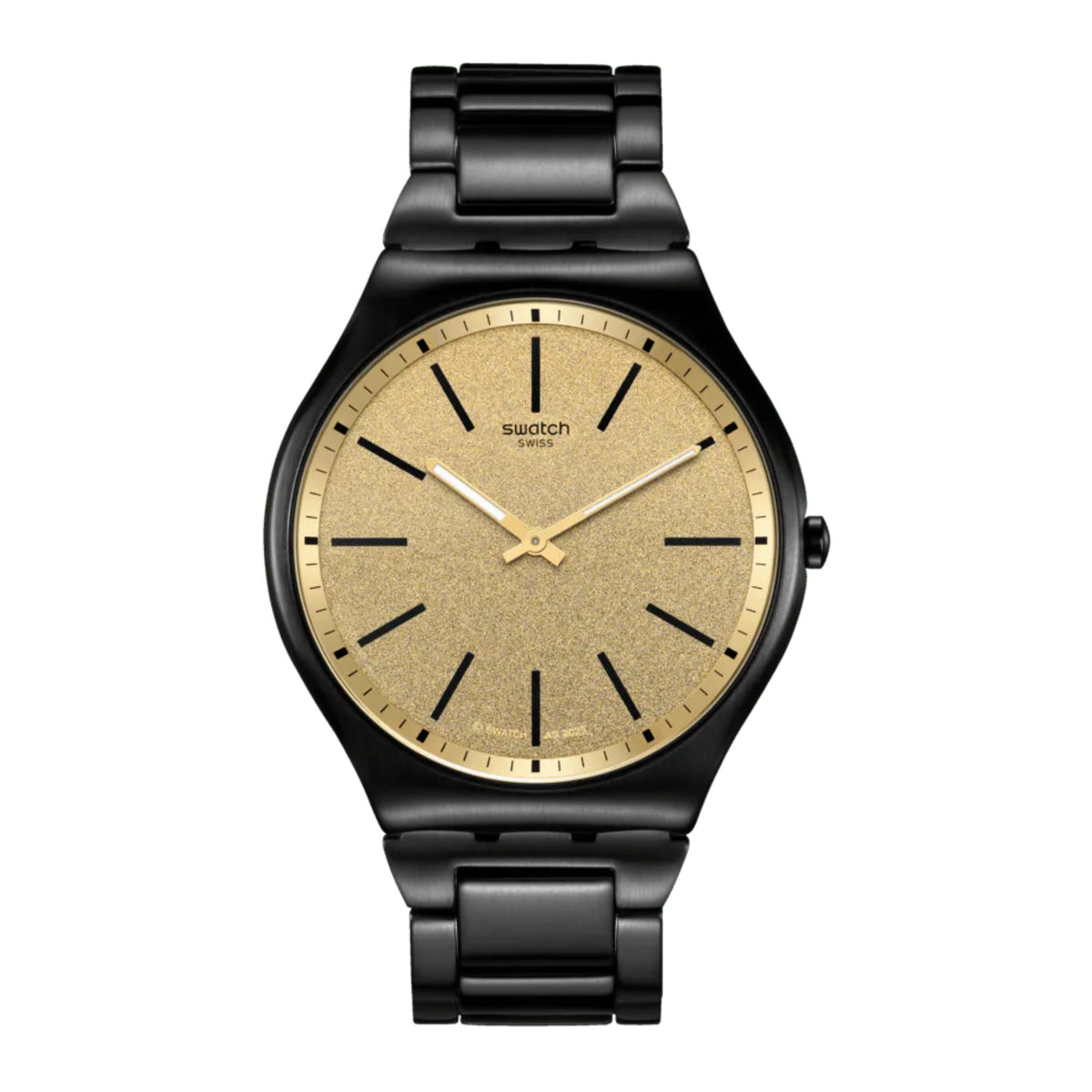 Quartz wristwatch with round gold glitter dial and black steel link bracelet