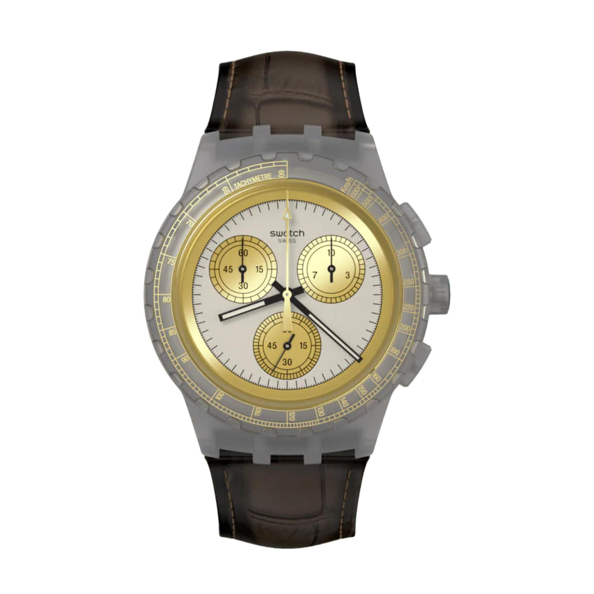 Men's quartz watch front view with gold dial, three subdials, and brown leather strap
