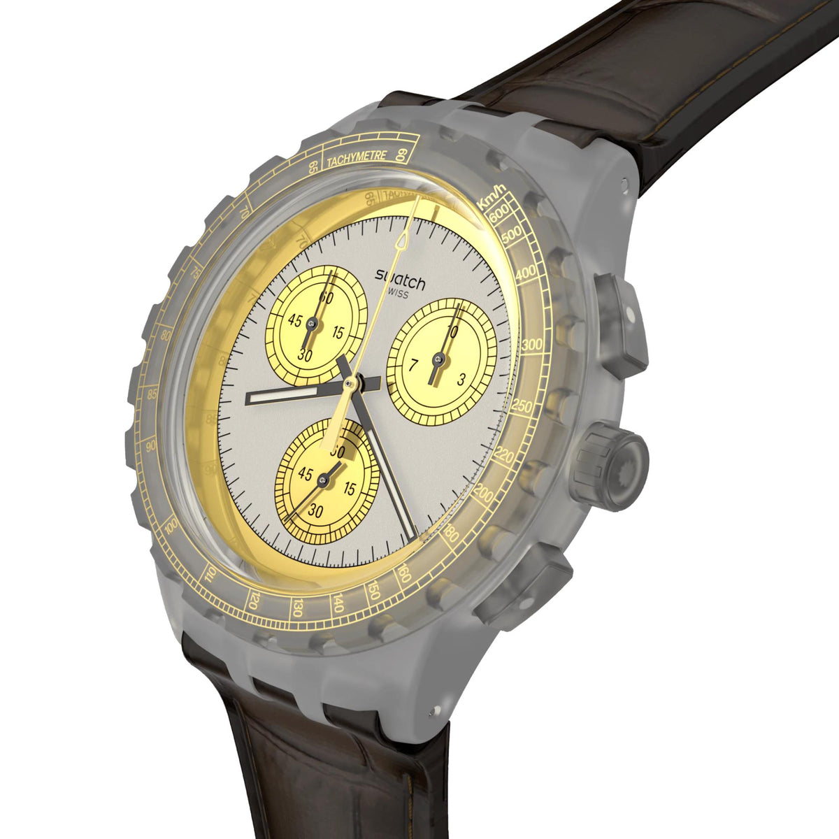 Men's quartz watch angled view with gold dial and brown leather strap