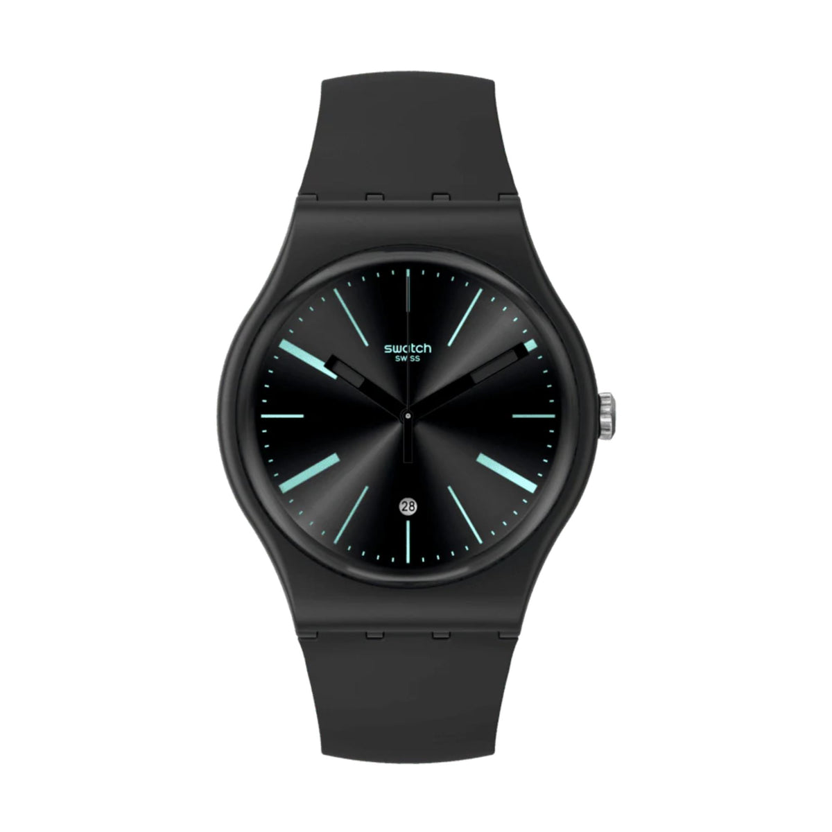Swatch unisex watch front view, black dial with mint-green markers, black silicone strap.