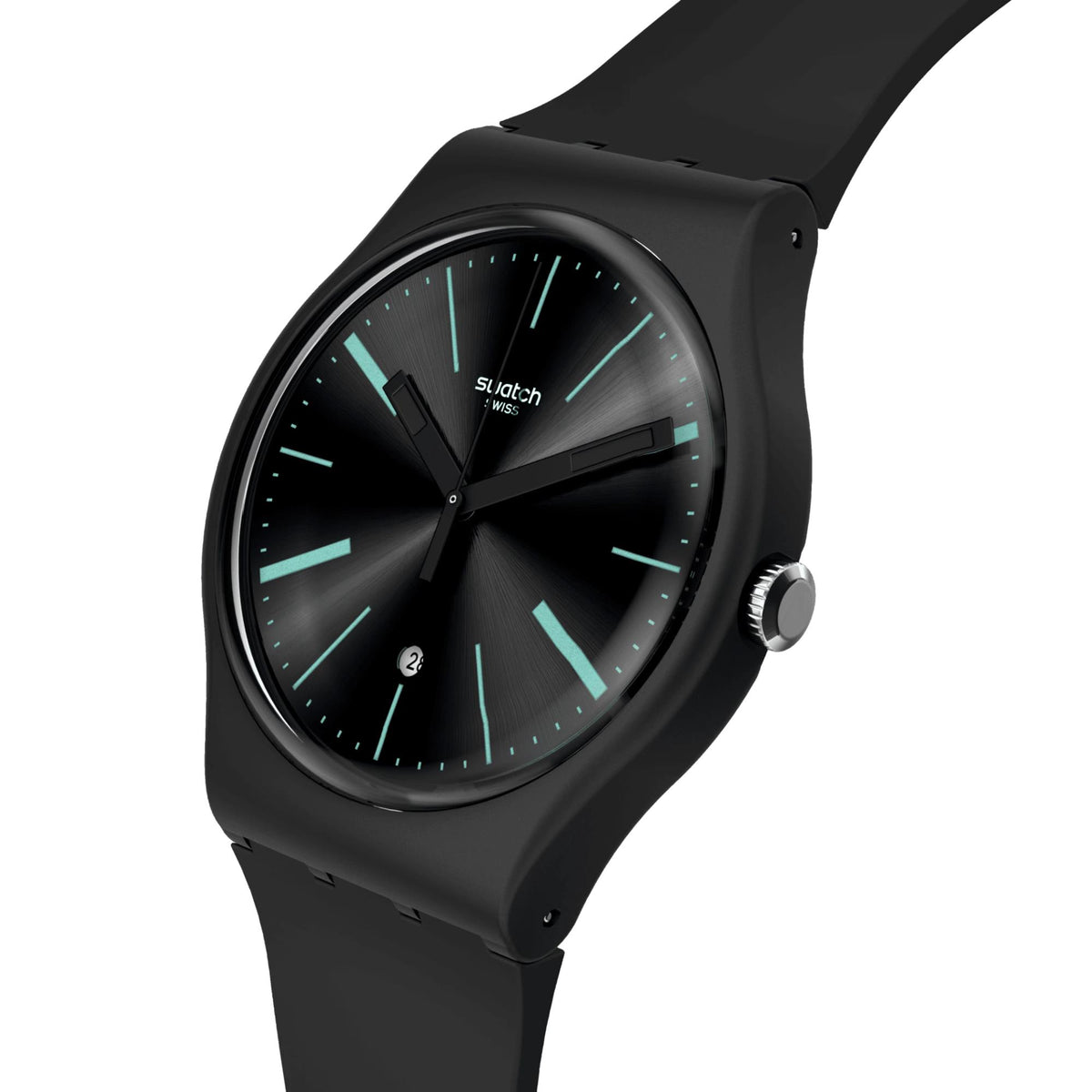 Swatch unisex watch, black dial with mint-green hands and markers, black silicone strap.