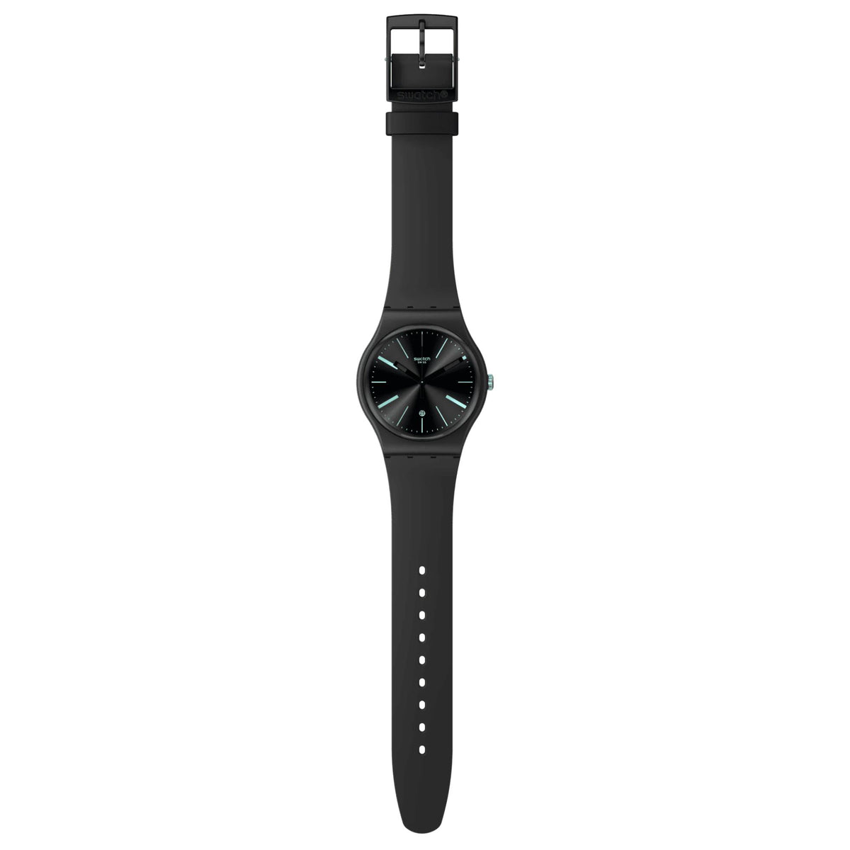 Swatch unisex watch with black silicone strap and black dial, mint-green hands.