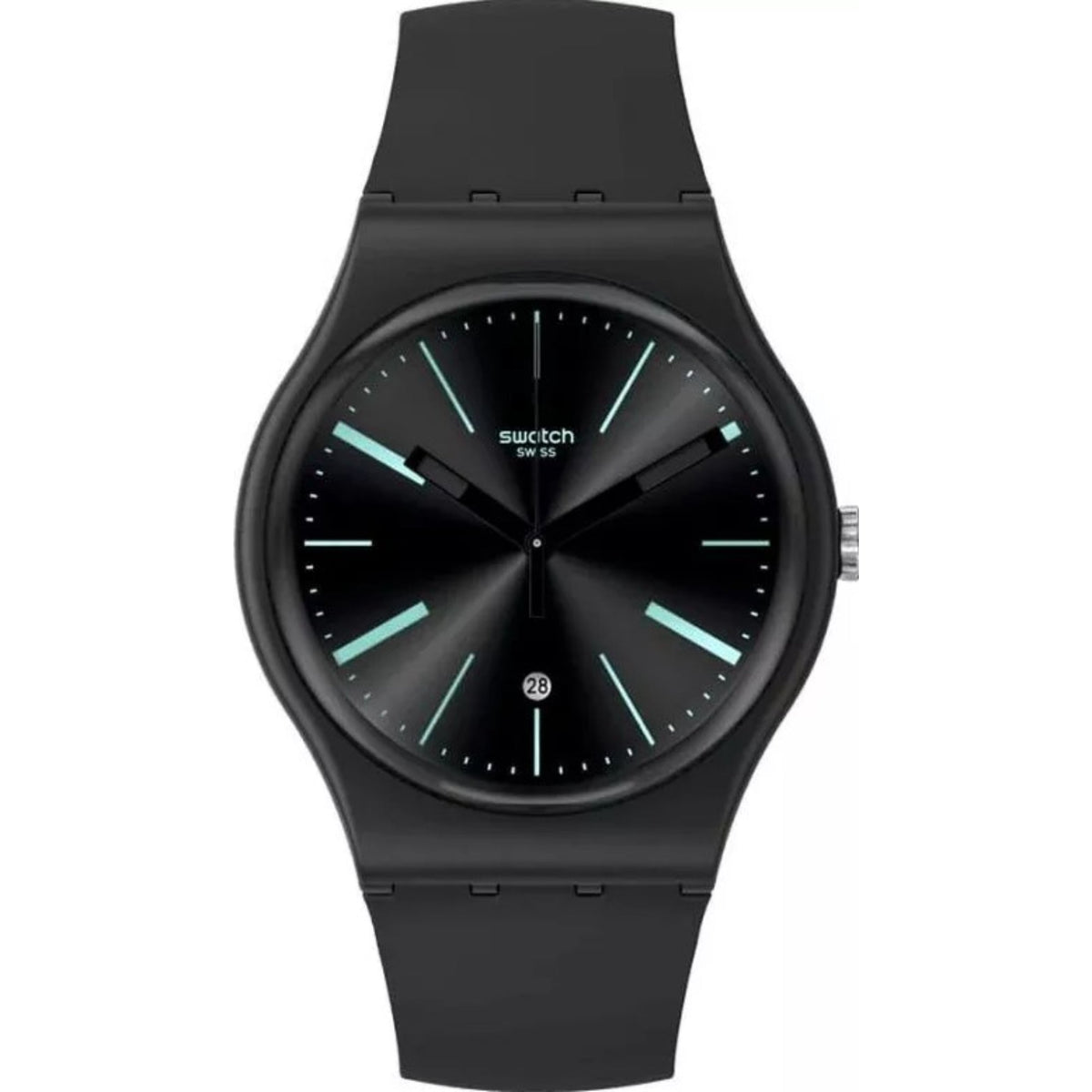 Swatch unisex wristwatch with black dial, mint-green hour markers, black silicone strap.