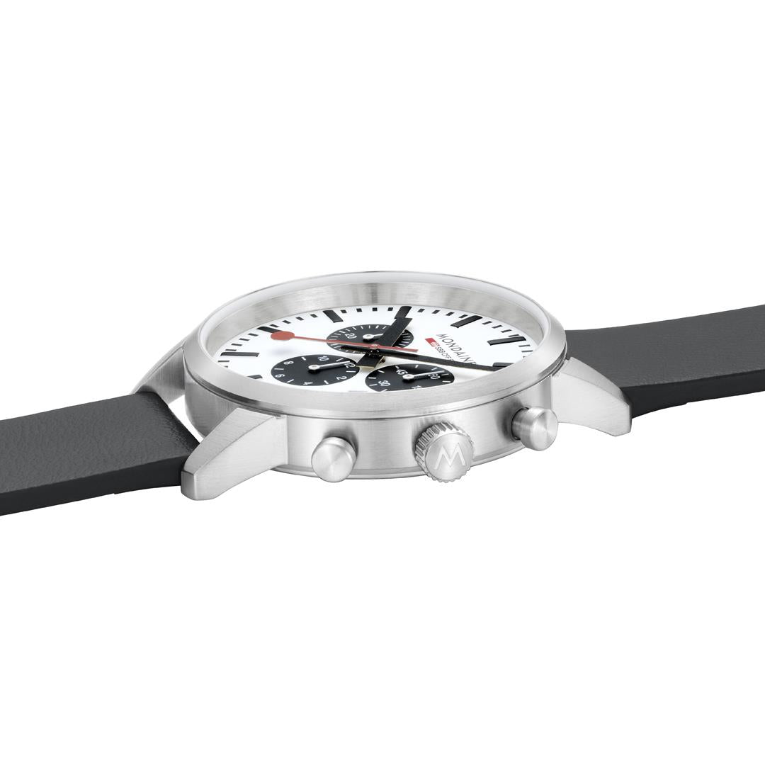 Mondaine Neo MSD.41410.LBV side angle view highlighting steel casing and strap attachment 
