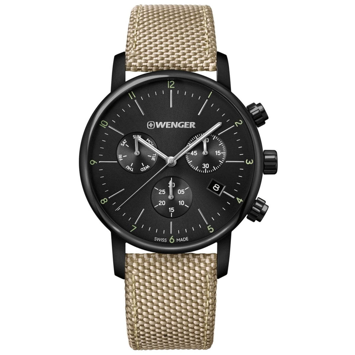 Men's black-faced chronograph watch with three subdials and beige textile strap