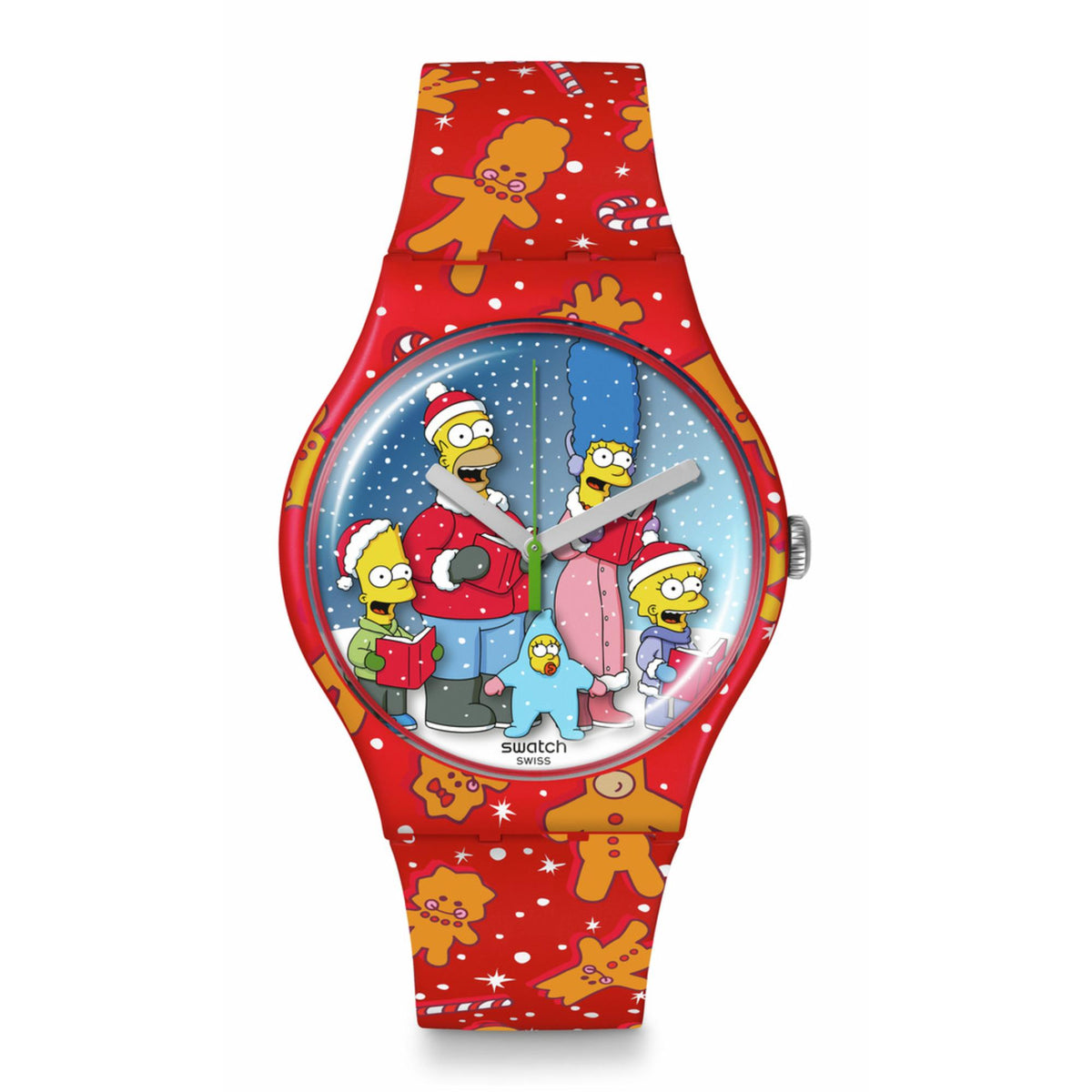 Red silicone unisex watch with circular Simpsons winter scene dial and three gray hands