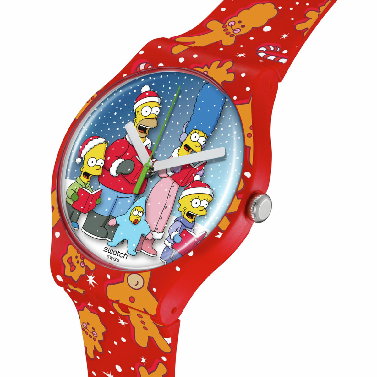 Red silicone watch angled view showing Simpsons winter dial with three gray hands