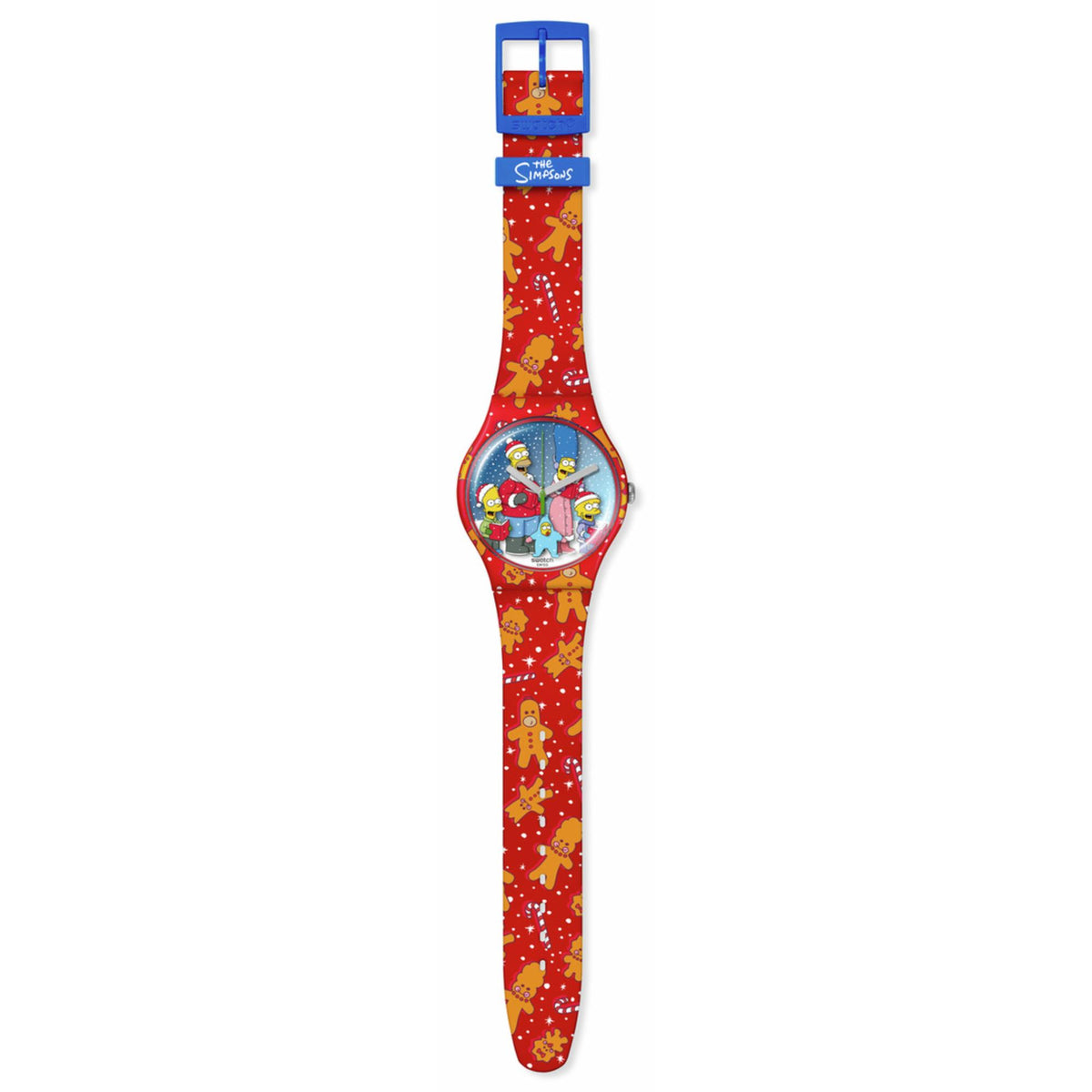 Red silicone wristwatch with Simpsons winter dial and matching red strap pattern