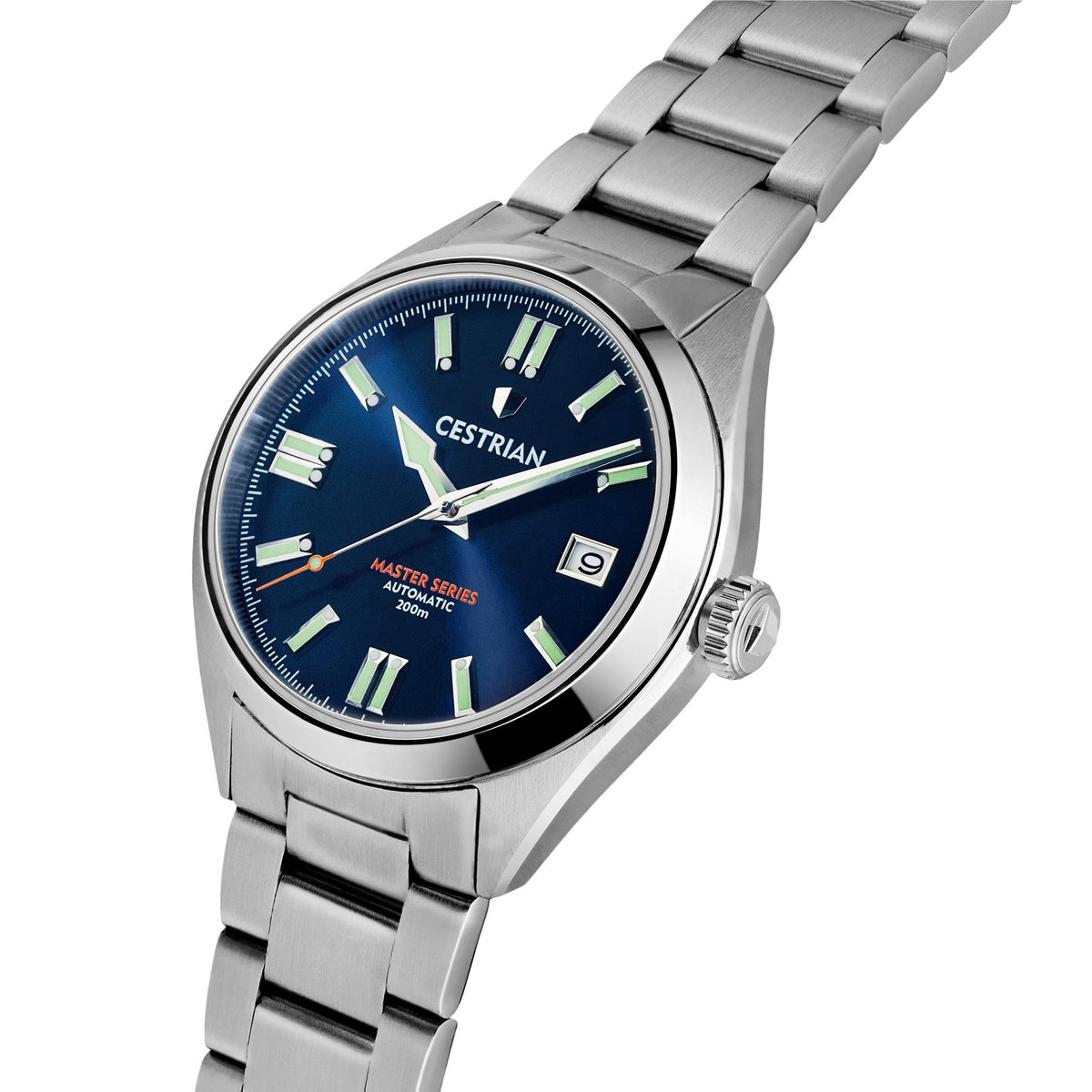 Cestrian Master Series men's automatic wrist watch, blue dial with green lume, angled view
