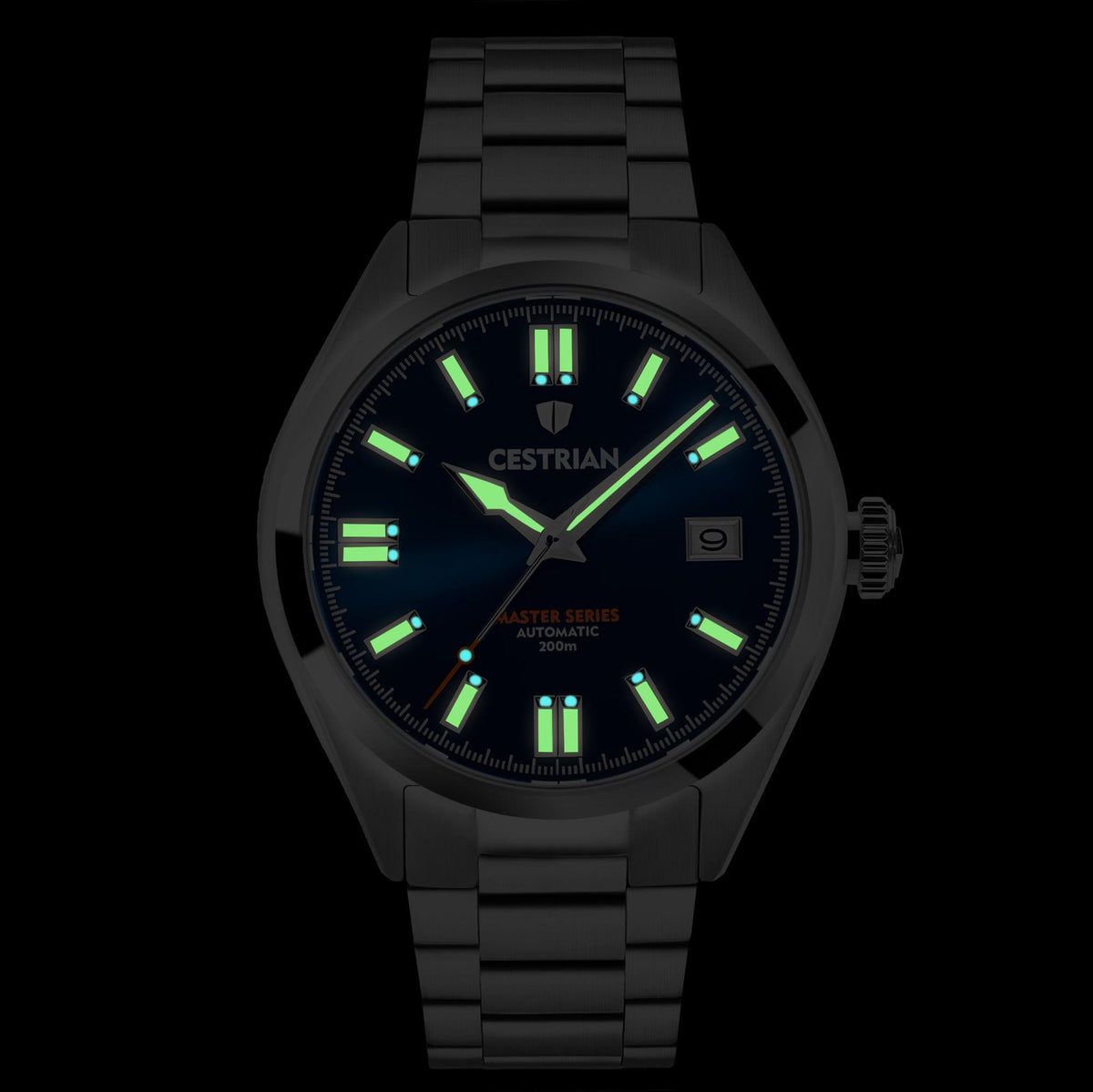 Cestrian Master Series men's automatic watch with dark dial, bright green lume, black case