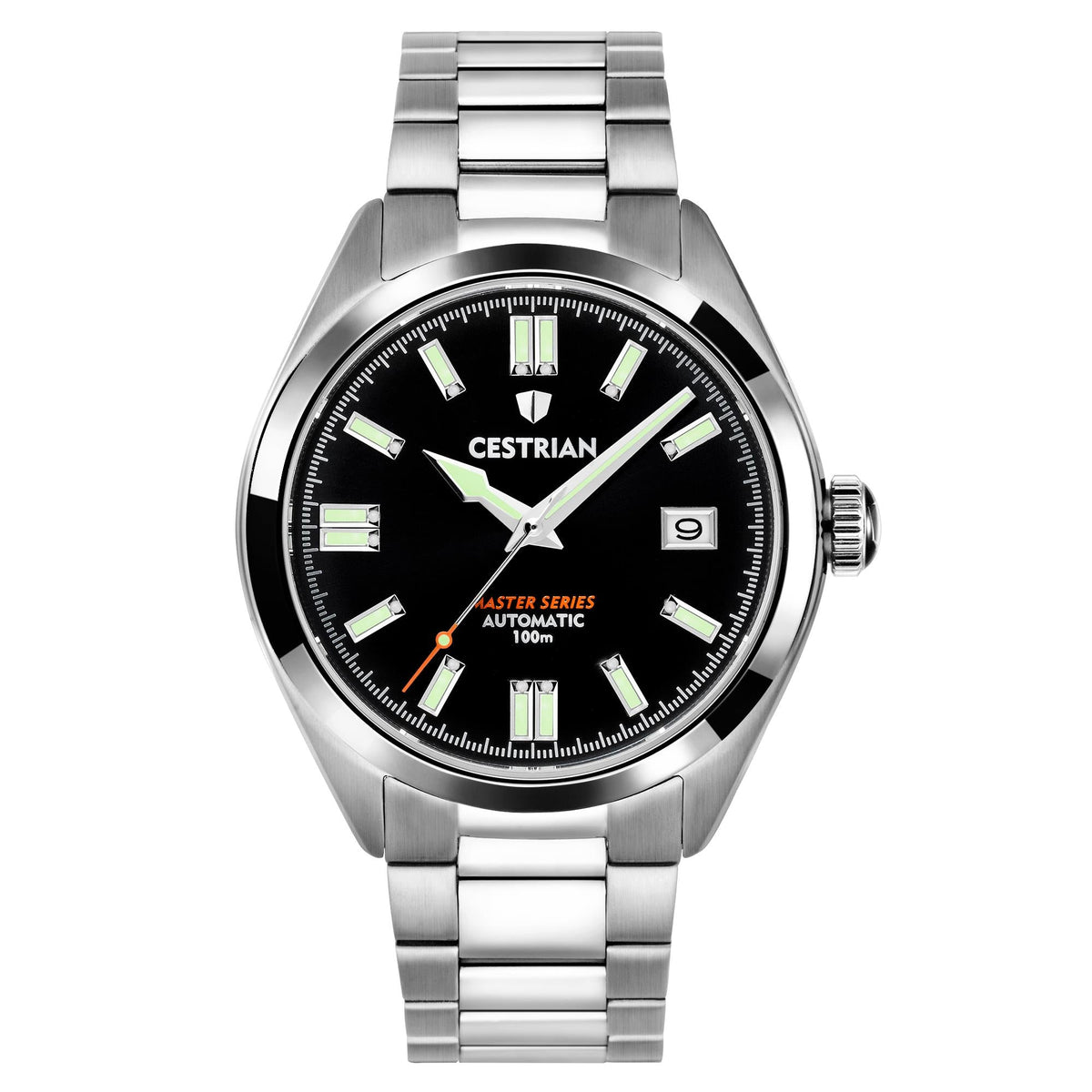 Stainless steel automatic men’s watch with black dial, luminous markers, and steel bracelet