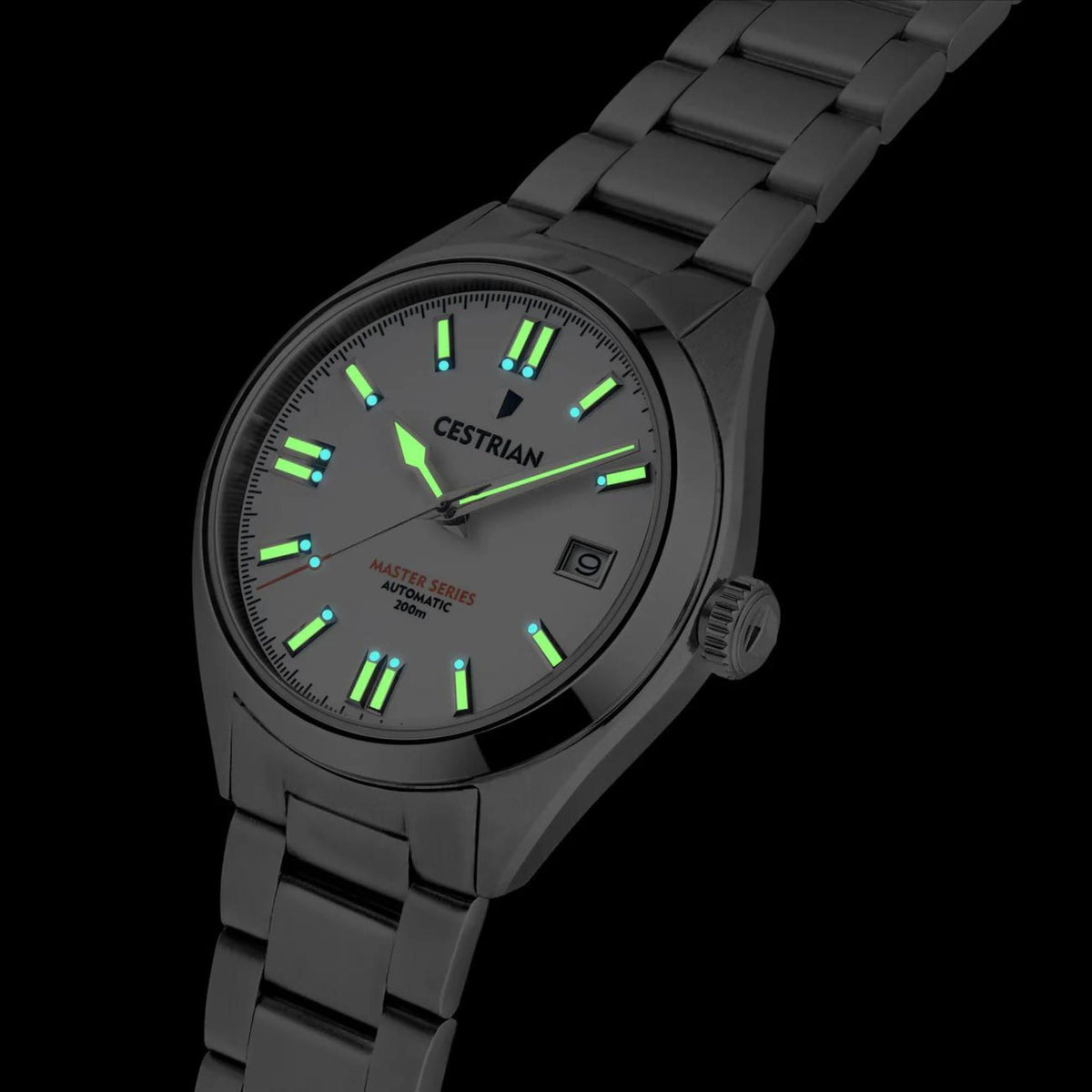 Black dial men's automatic watch with stainless steel bracelet and green glowing indices