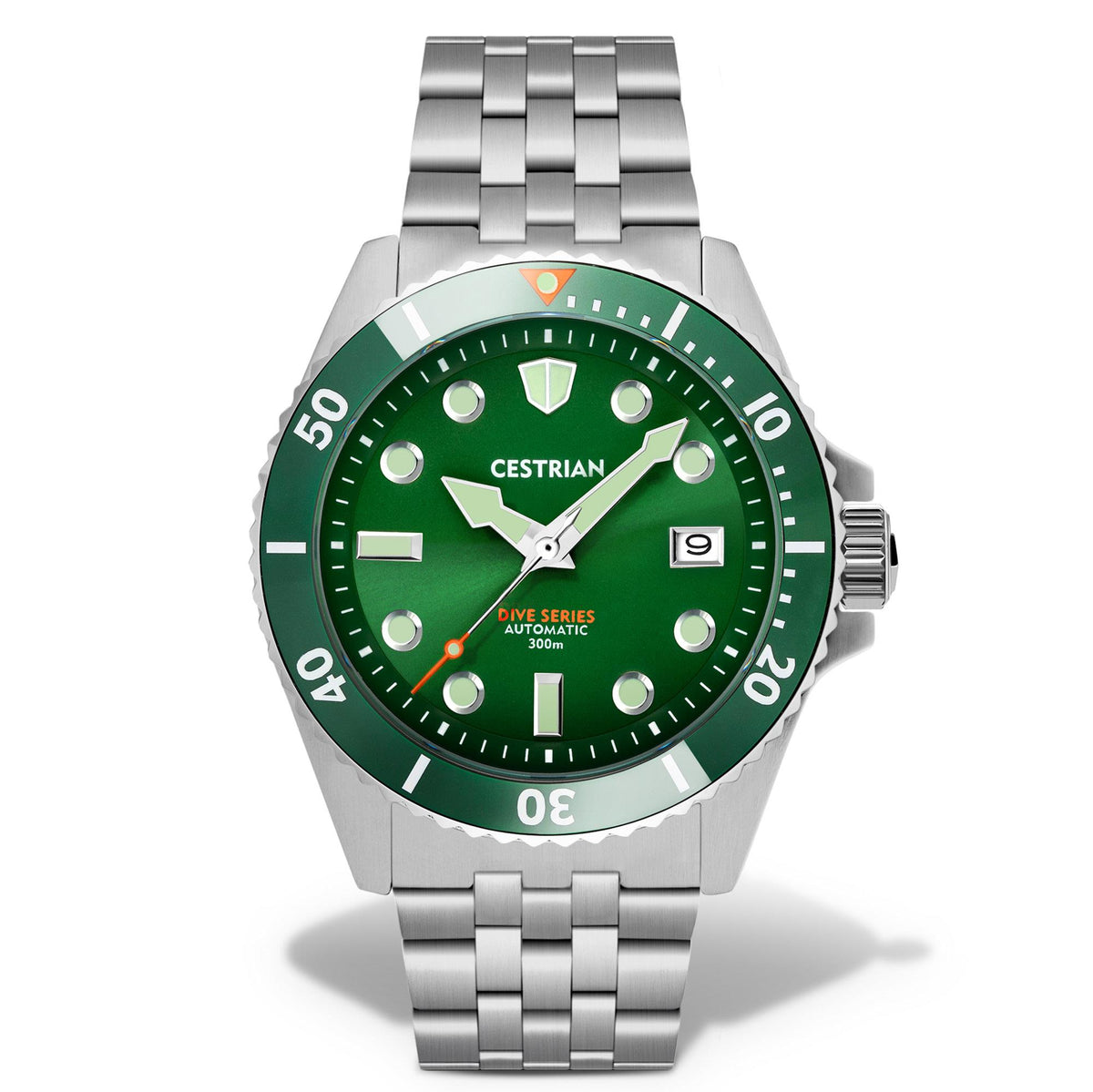 Men's automatic dive watch with green dial, green ceramic bezel, and steel bracelet