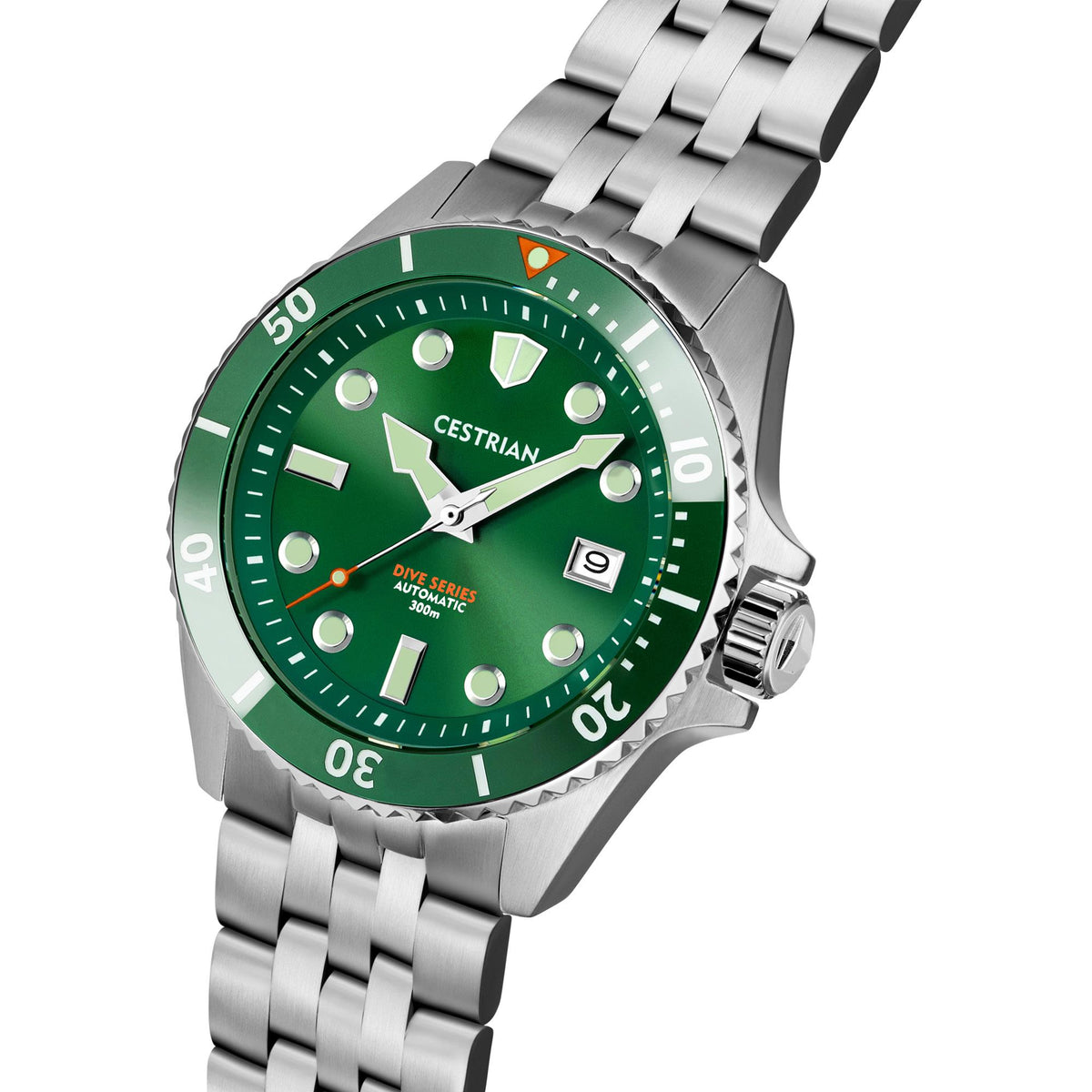 Men's dive watch with green dial and green ceramic bezel, steel case, crown at right