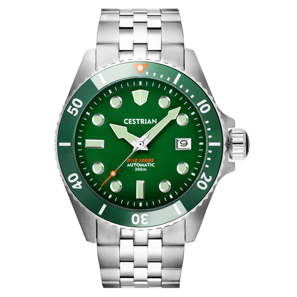Front view green dial automatic dive watch with steel bracelet and green bezel