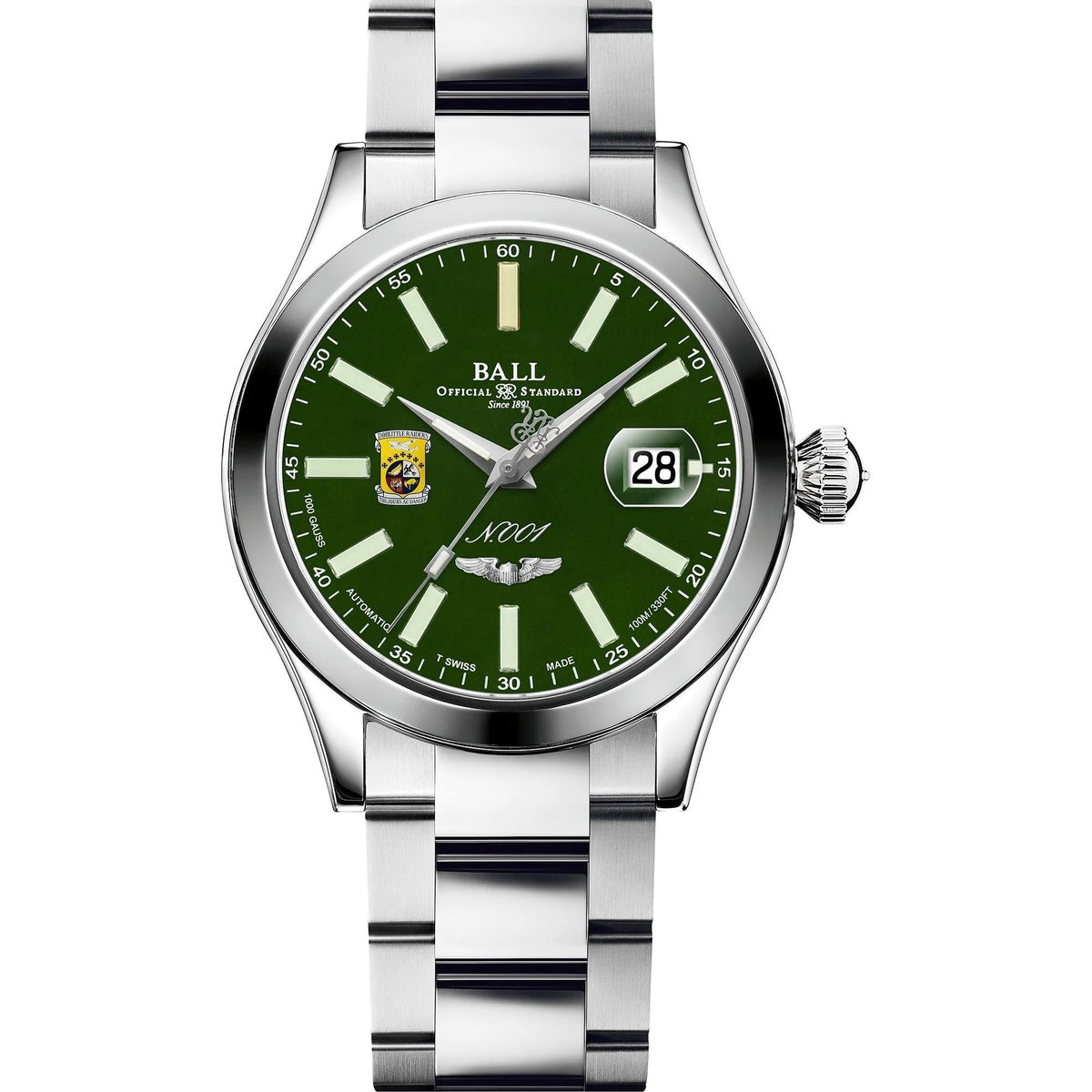 Men’s stainless steel automatic watch with green dial, bold indices, and 28 date window