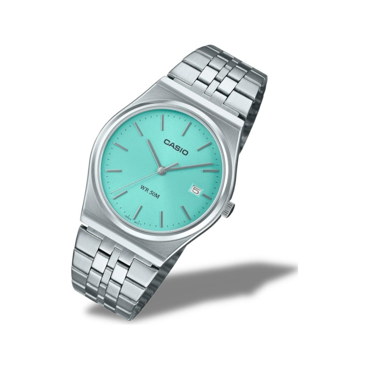 Casio quartz watch angled view with light blue dial and stainless steel link bracelet