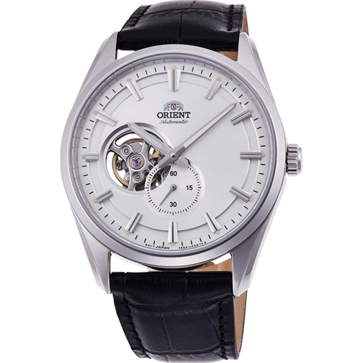 Men's semi-skeleton automatic watch front view, white dial and black leather strap