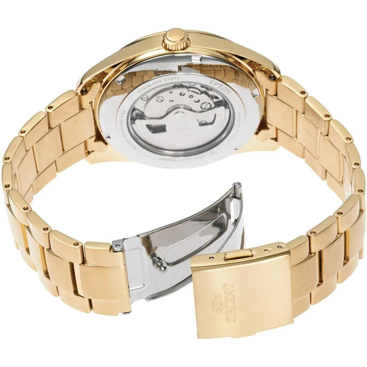 Reverse view men's automatic watch with open-work caseback and gold-tone bracelet