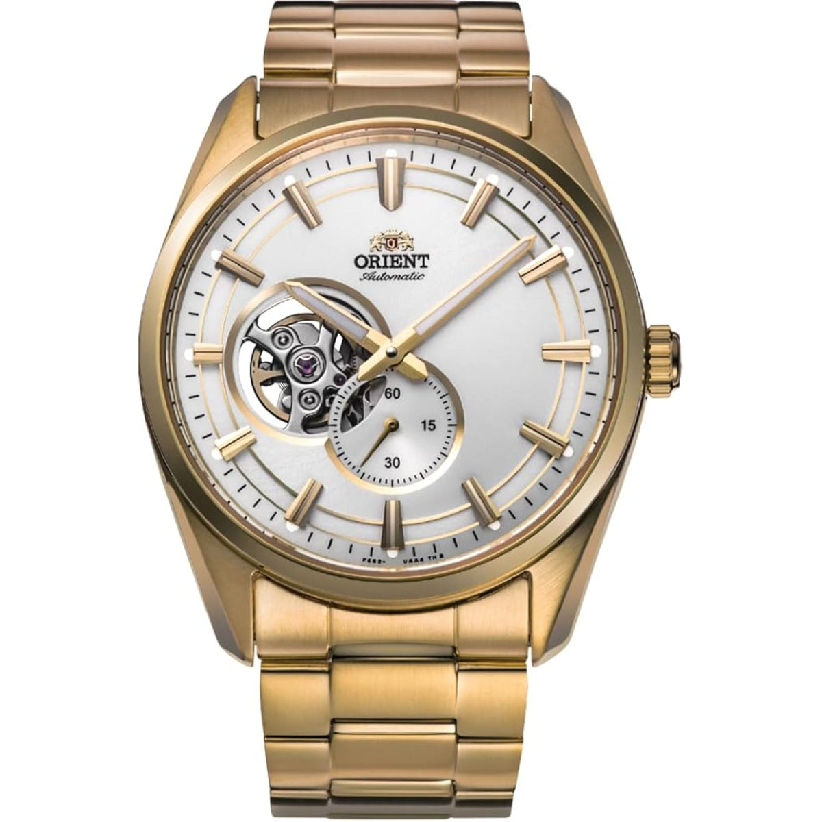 Gold-tone men's automatic watch close-up: white dial with skeleton hands and sub-dial
