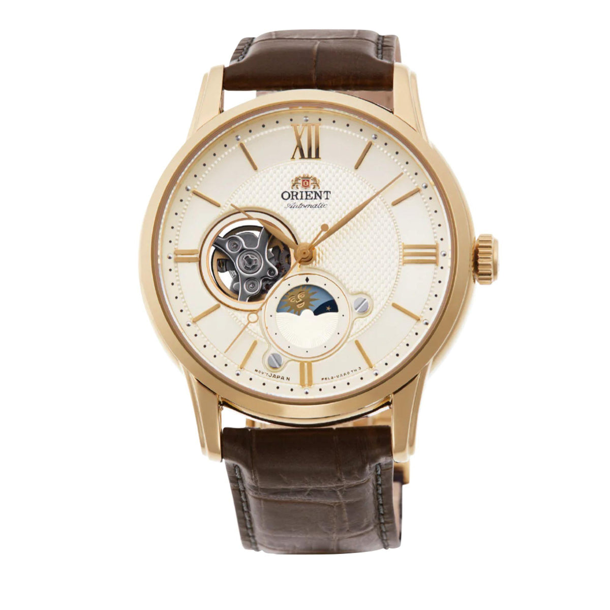 Men's Orient automatic watch face with Roman numerals and brown leather strap