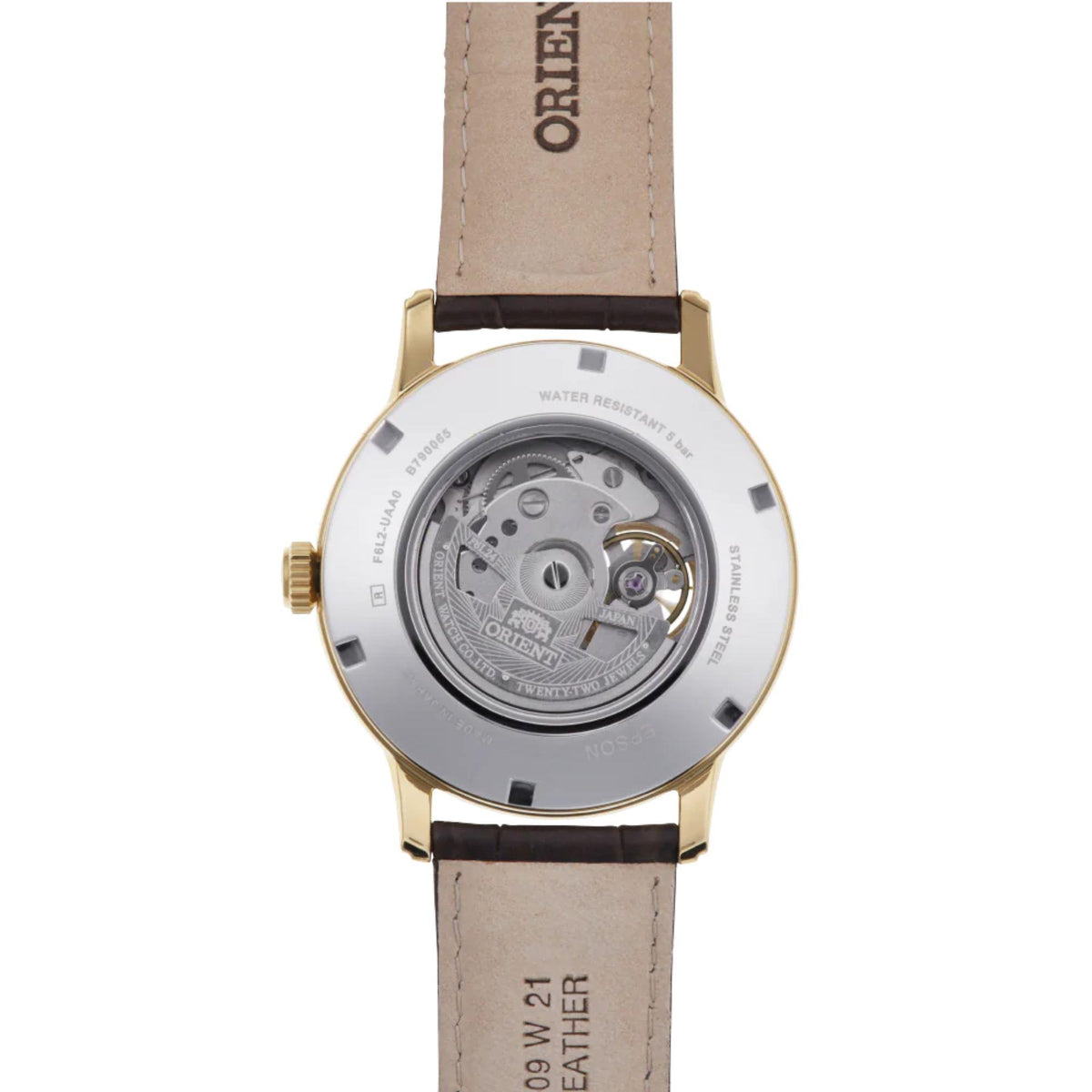 Men's Orient automatic watch caseback with silver movement and brown leather strap